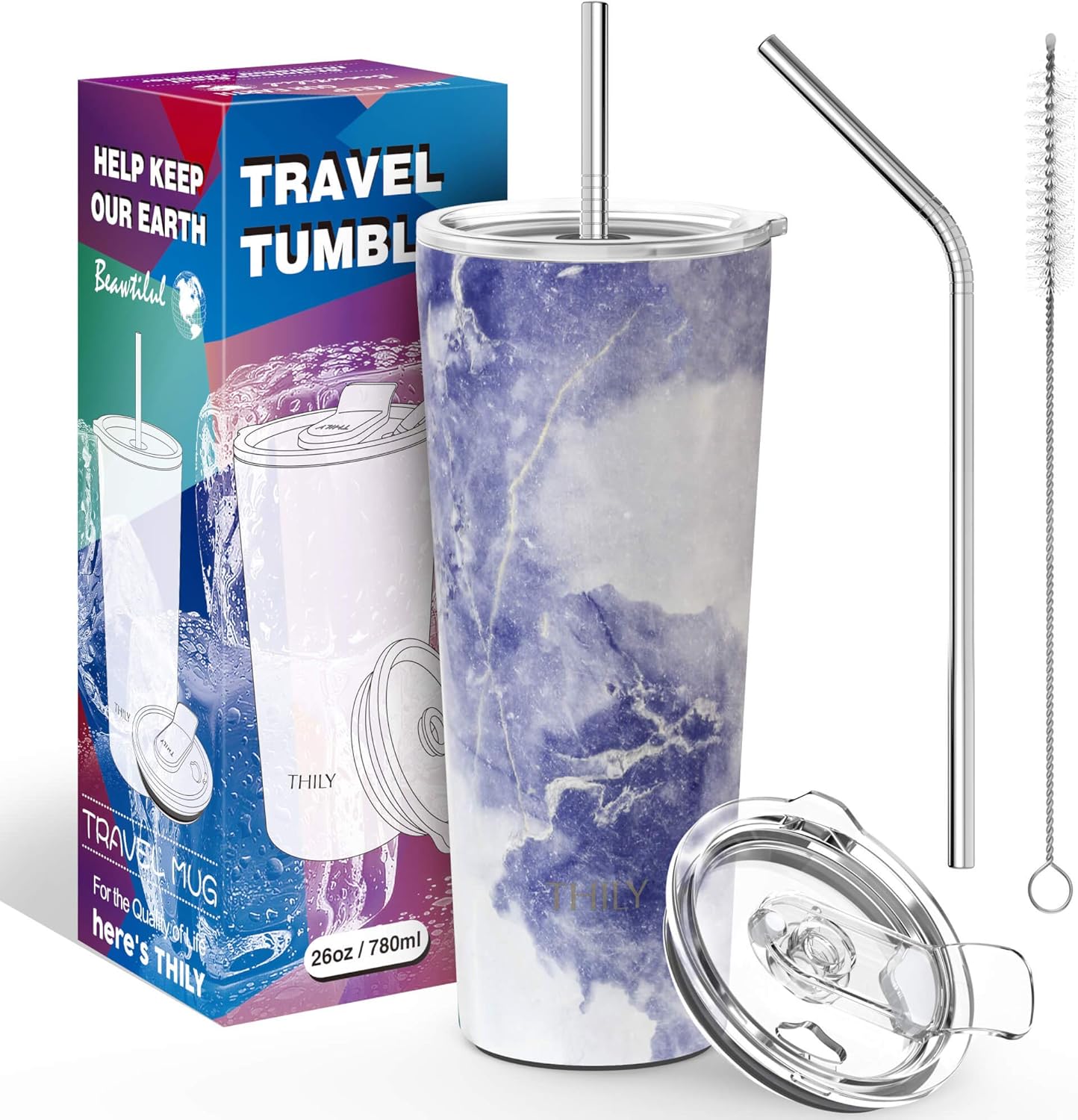 THILY Stainless Steel Vacuum Insulated Tumbler Travel Mug 26 oz Coffee Cup with 2 Lids and Straws, Splash Proof, Keep Ice Drinks Cold, Blue Marble