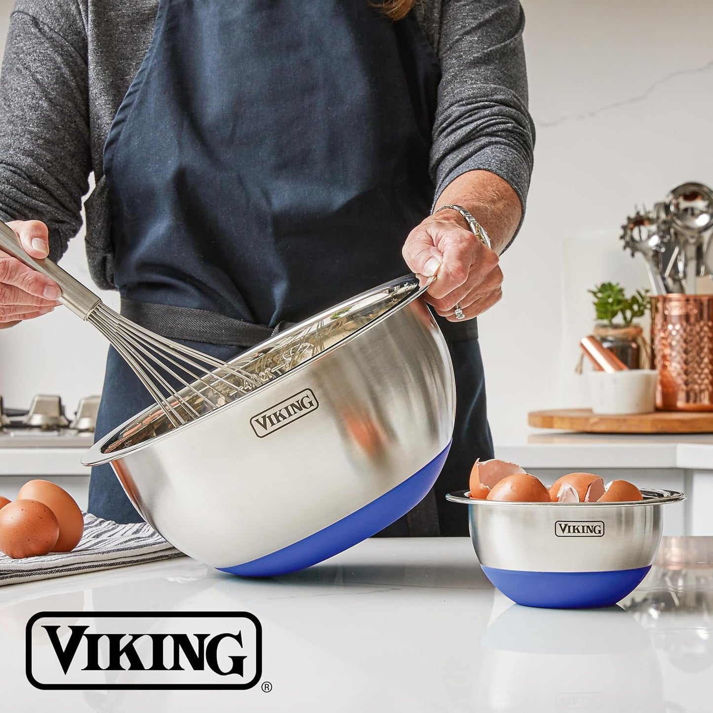 Viking Mixing Bowls Set, 10 Piece Stainless Steel Kitchen Cookware, Non-Slip Silicone Base, Includes Tight Fit Lids, Dishwasher Safe, Teal