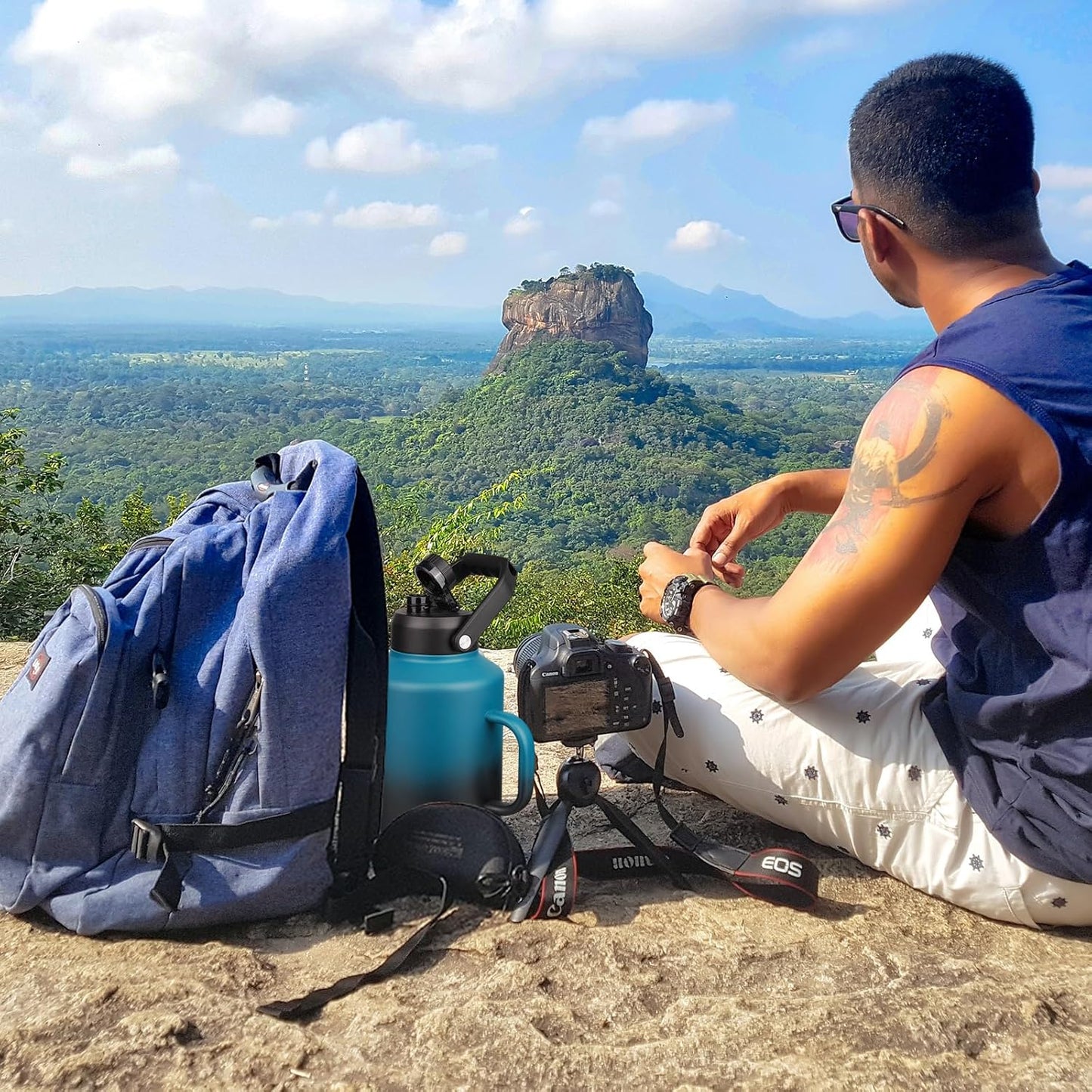 BJPKPK 1 Gallon Water Bottle with Handle, Large Dishwasher Safe 128oz Insulated Water Bottle, BPA Free Water Jug, Wide Mouth Metal Water Bottle with Anti-slip Bottom, Keep Cold & Hot,Blue & Black