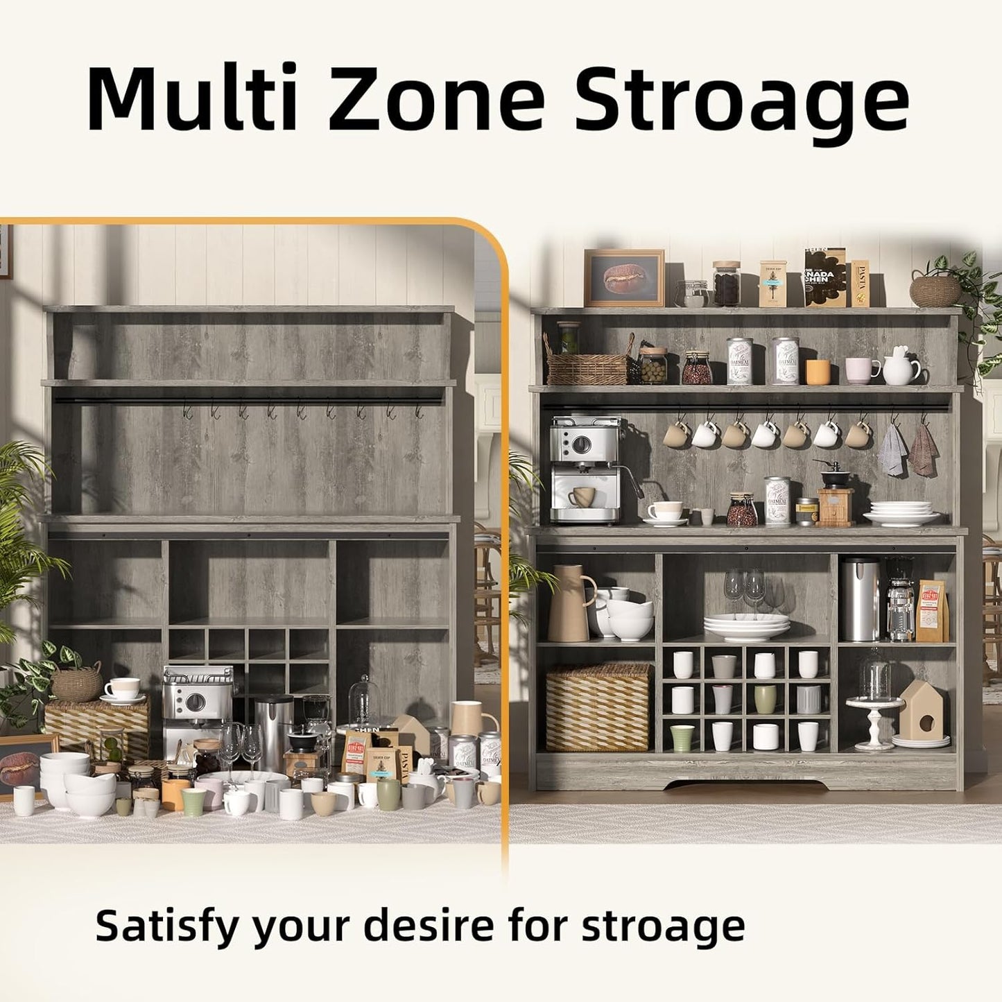 55'' Farmhouse Coffee Bar Cabinet with 3 Tier Storage Hutch, Coffee Bar Station with Sliding Barn Door, Hutch Storage Cabinet with 12 Wine Racks & 9 Hooks for Kitchen Dining Living Room