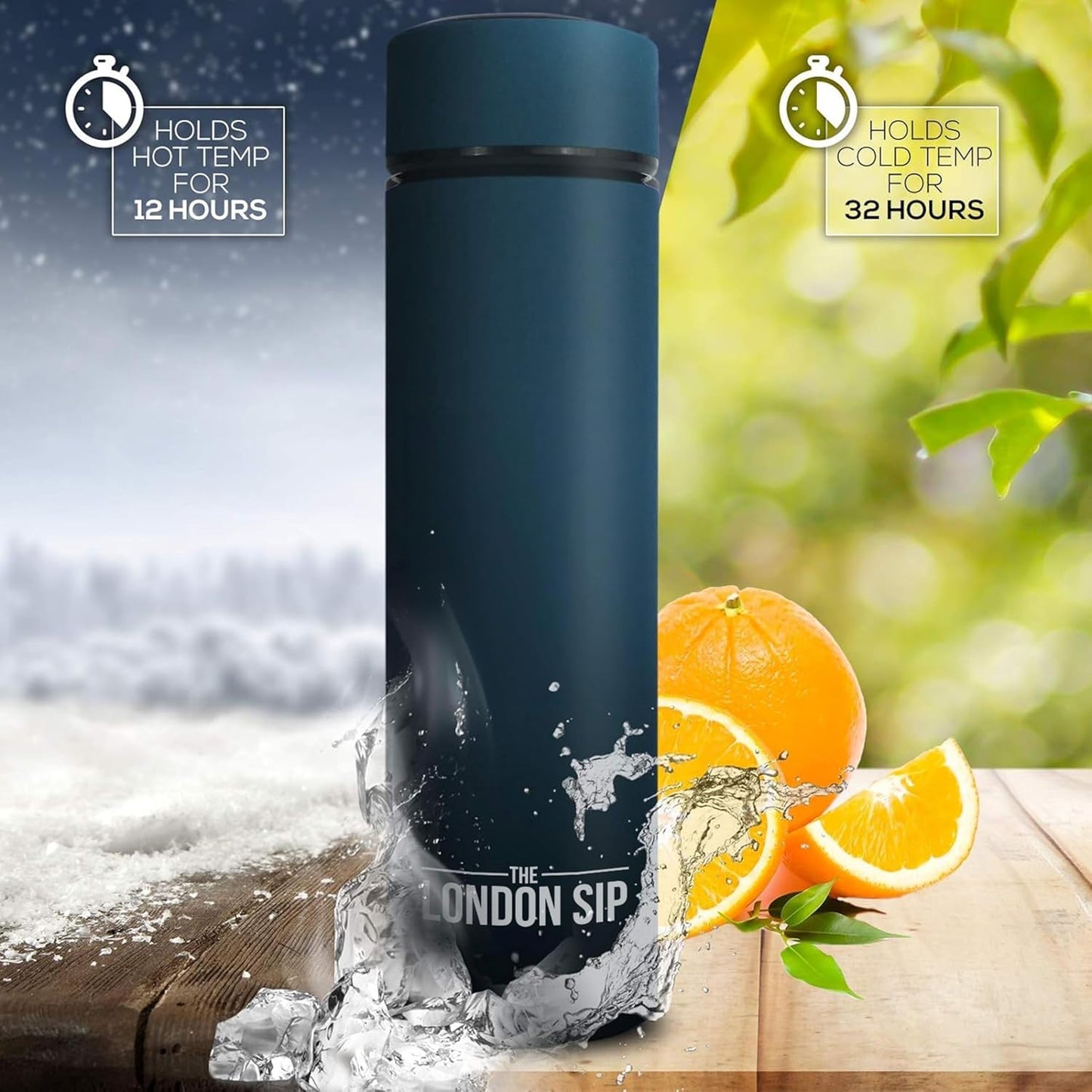 London Sip Multi-Purpose Tea Infuser Travel Mug and Tumbler Fruit Infuser Flask Hot and Cold Double Wall Stainless Steel Thermos with Extra-Long Infuser, Midnight Teal