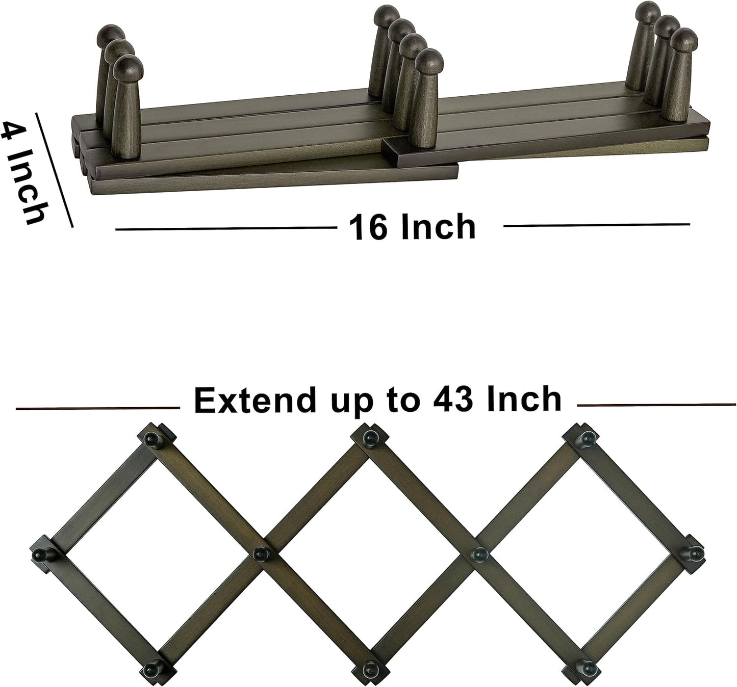 Dseap Accordion Wall Hanger: 16" High Wooden Expandable Coat Rack,Hat Rack,Accordion Hook Wall Mount for Baseball Caps,Coats,10 Peg Hooks,Dark Walnut