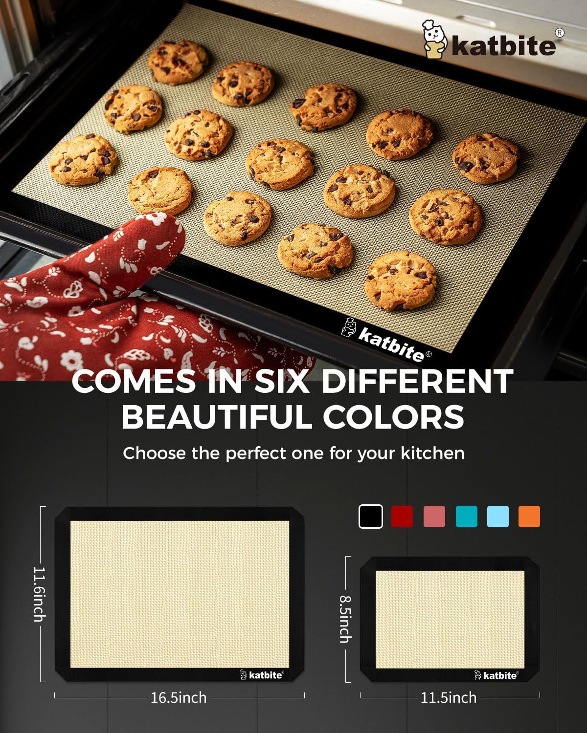 Katbite Silicone Baking Mat Colorful Collection - Set of 3: 2 Half Sheets Mats (11 5/8" x 16 1/2") + 1 Quarter Baking Sheet, Reusable & Nonstick Bakeware Mats for Cookies, Macarons, Bread (Black)