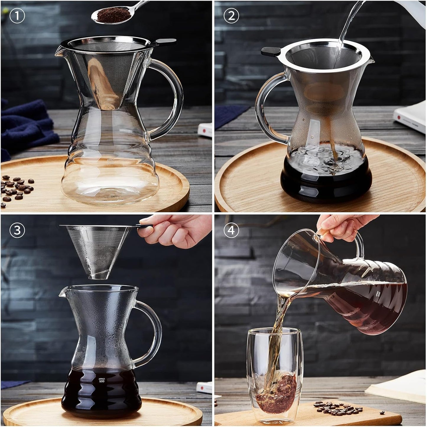 Unbreakable - Pour Over Coffee Maker with Permanent Stainless Filter 32 fl oz, Thickened Heat-Resistant Borosilicate Glass Dripper Coffee Brewer, Stovetop Safe, Yellow