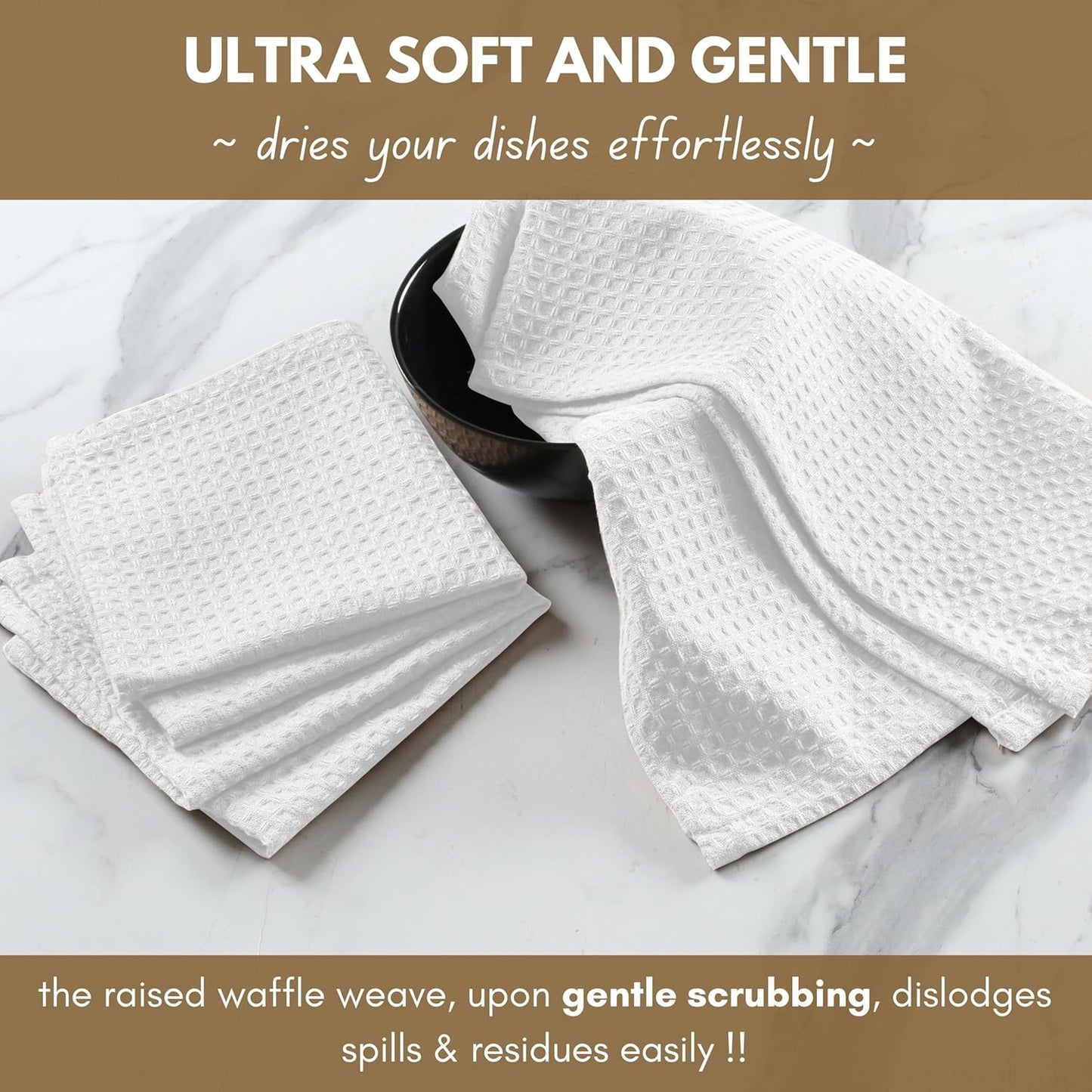 Native Fab Cotton Kitchen Towel with Hanging Loop 16x26 inches, 12-Pack, Waffle Weave Kitchen Towels for Cleaning Drying, Washcloths Soft & Absorbent Cloth Rags, Bar Towel, Dish Cloth, White