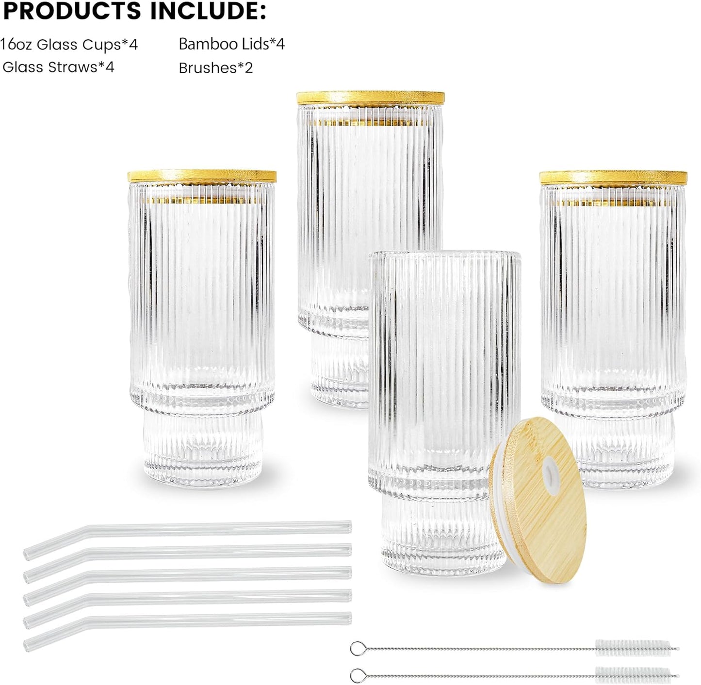 4 Pcs 16 oz Glasses Cups Set with Bamboo Lids Straws Brush Ribbed Vintage Aesthetic Glassware Set for Tea Iced Coffee Beer Cocktail Whiskey