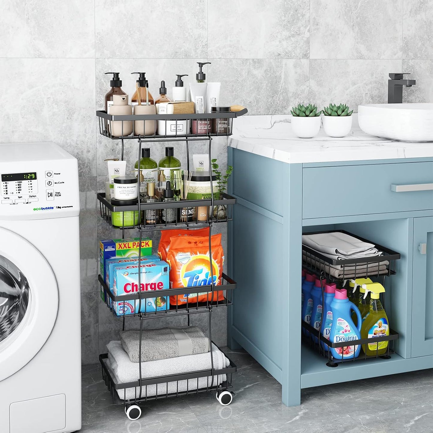 Fruit Vegetable Storage Basket for Kitchen - 4 Tier Slim Stackable Metal Wire Basket Cart with Rolling Wheels Utility Rack Onions Potatoes Organizer Bins for Kitchen Pantry Black