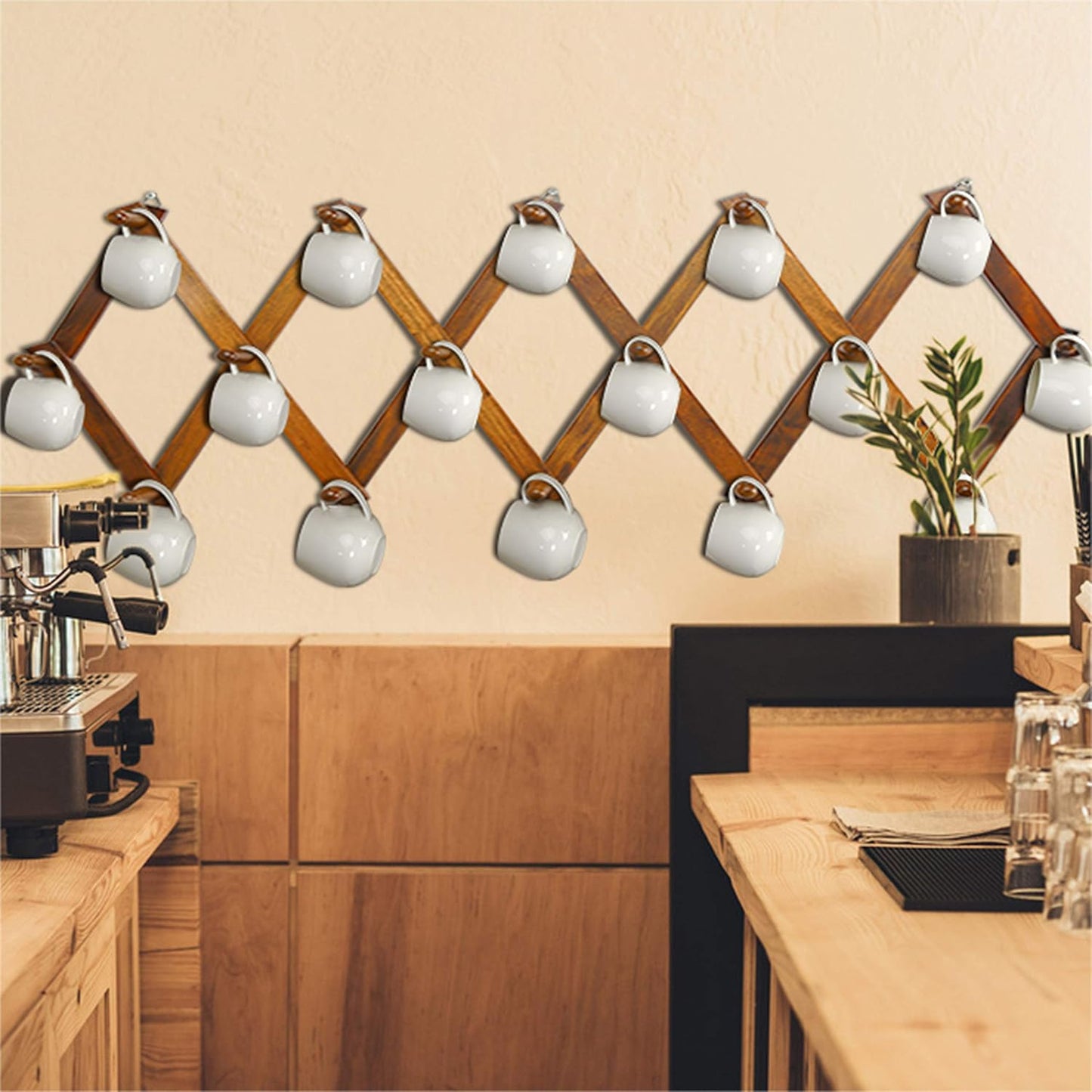 Dseap Accordian Wall Hanger: 16” High Wooden Wall Expandable Coat Rack, Hat Rack Holder, Accordion Hook for Baseball Caps, Coats, Mugs, 16 Peg Hooks, Brown