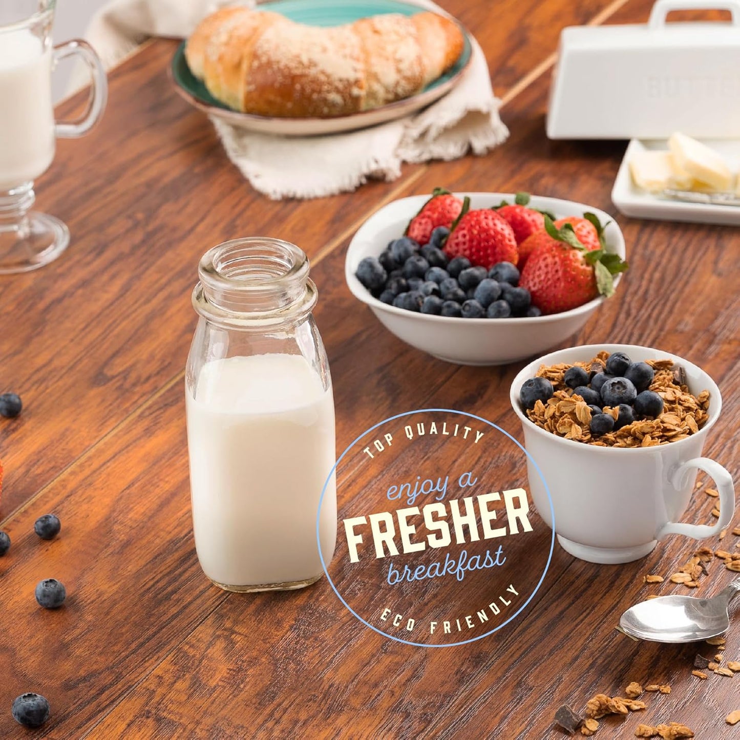 kitchentoolz 12 Oz Square Glass Milk Bottles with Lids (4 Pack) – Reusable Glass Creamer Bottles for Milk, Juice, and More – Includes Tamper-Proof Caps and One Silicone Pour Spout