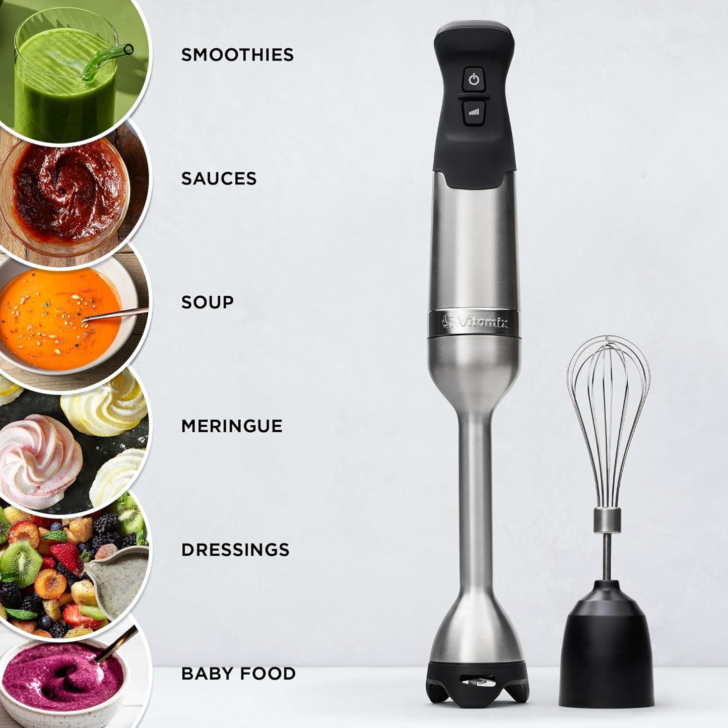 Vitamix 5-Speed Immersion Blender 3-Piece Bundle, 625-Watt Motor, One-Handed Operation, 5 ft cord, includes Whisk Attachment & Storage Case, Stainless Steel/Black