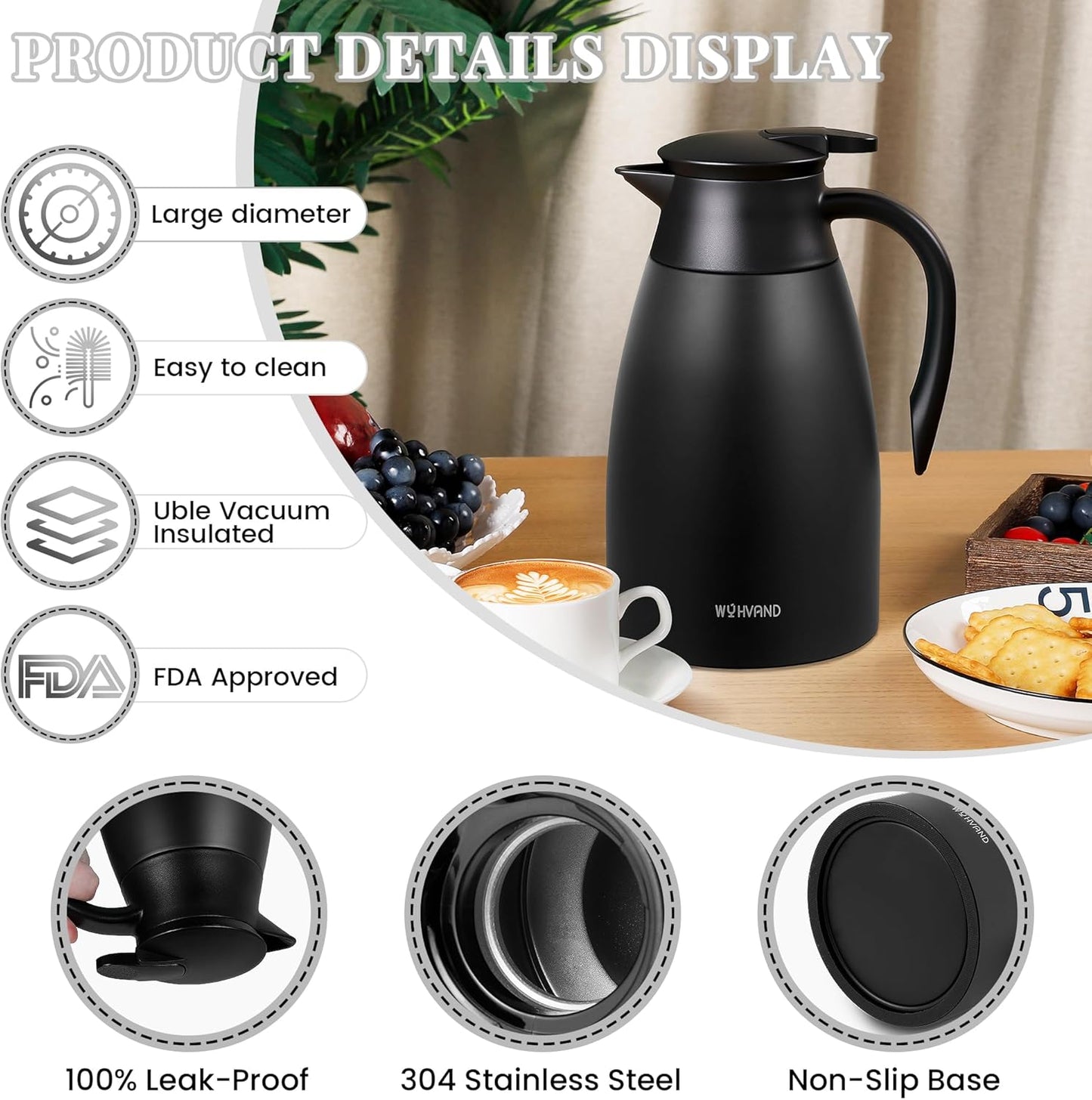 51 Oz Thermal Coffee Carafe, Stainless Steel Insulated Vacuum coffee crafts to keep coffee hot, 1.5 Liter Tea Water Coffee and Beverage Dispenser (Black)