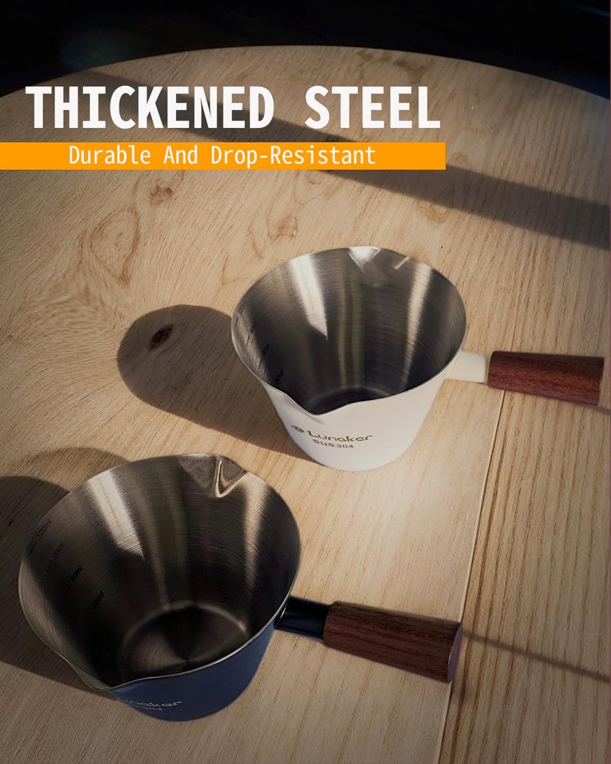 Stainless Steel Espresso Cup - Espresso Shot Cup with Wooden Handle -Measuring Cup with Double Spouts - 4.1OZ/120ML, Black