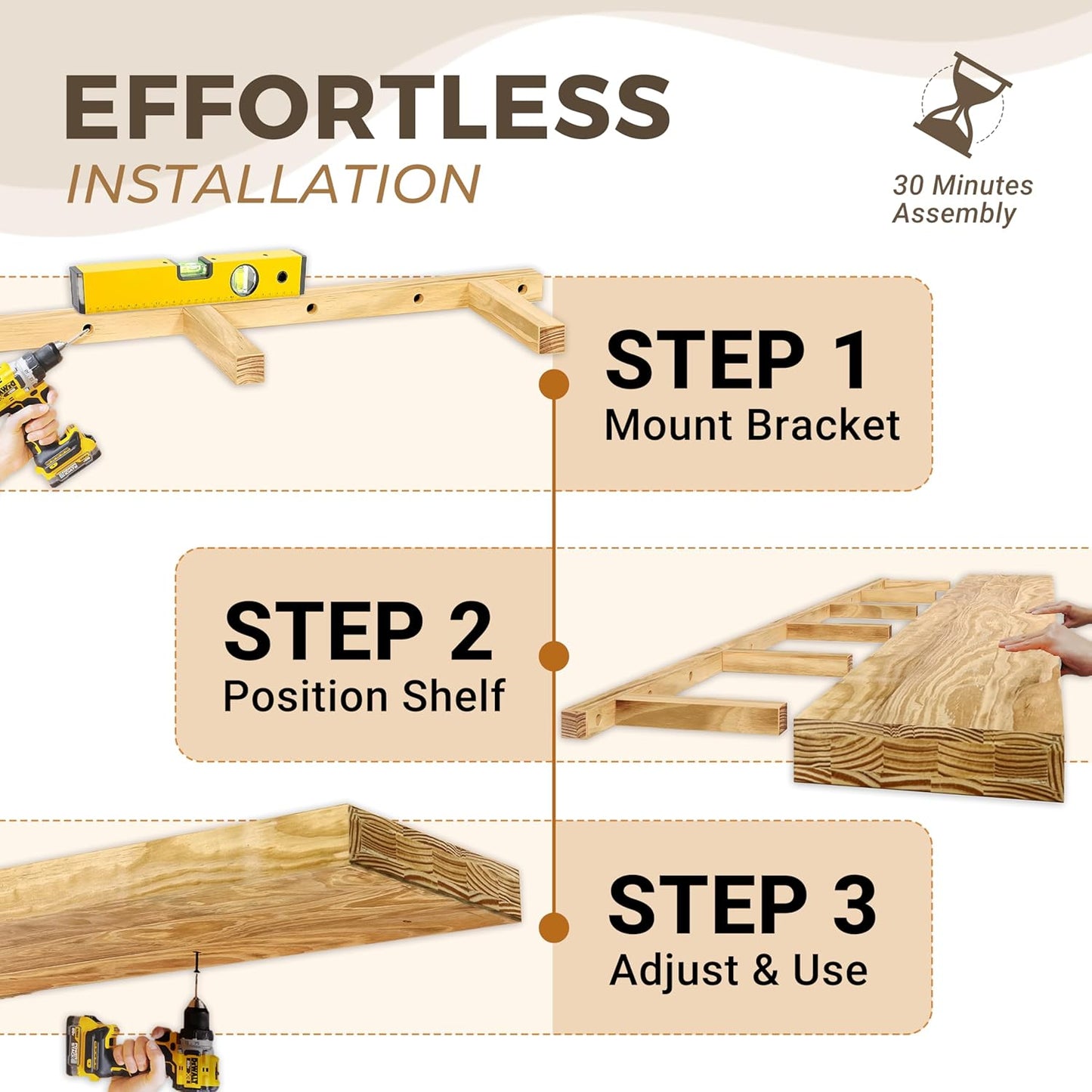 60'' Pine Wood Floating Shelf for Wall - Rustic Wall Mounted Wooden Shelf for Stylish Home Décor, Fireplace Mantel 60inch (Natural, 60x8x2) - 1pcs