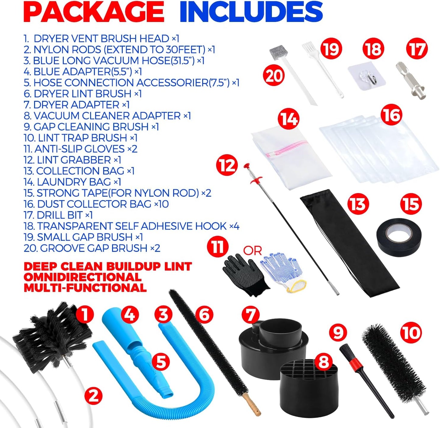 Holikme Dryer Vent Cleaner Kit, Include 30Feet Dryer Vent Cleaning Brush, Dryer Lint Vacuum Attachment, Lint Brush & Dryer Adapters, Blue