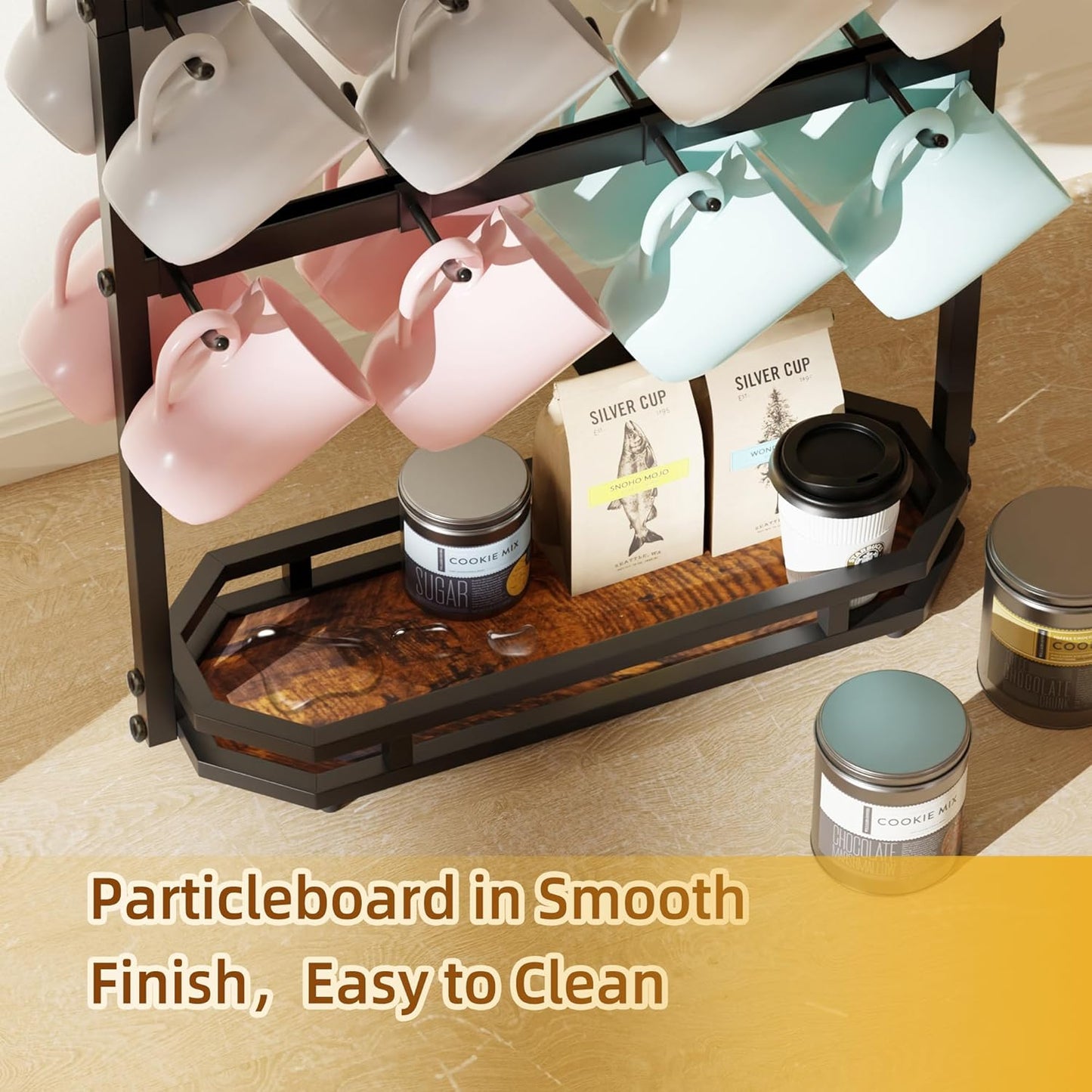 Coffee Mug Holder with Movable Hooks,16 Capacity Coffee Cup Holder for Countertop, Metal Mug Tree Holder Rack with Storage Base,Home Storage Mug Organizer adjustable Heights (Black)