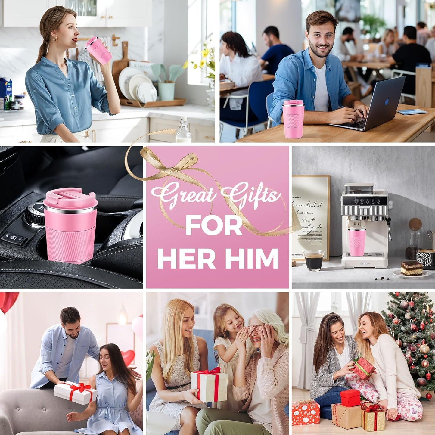 Volhoply 13 oz Stainless Steel Insulated Travel Coffee Mug with Fip Lid Bulk 8 Pack,Reusable Double Wall Vacuum Metal Coffee Cup,Portable Leak Proof Thermal Tumbler for Hot & Cold Drinks(Pink,8)