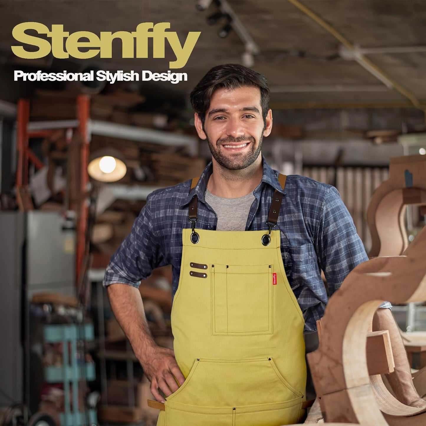 5 Pack Kitchen Apron, Work Apron, Canvas, Multiple Pockets, Gardening, Painting, BBQ, Artist, Carpenter, Sizes M to XXL, Amber