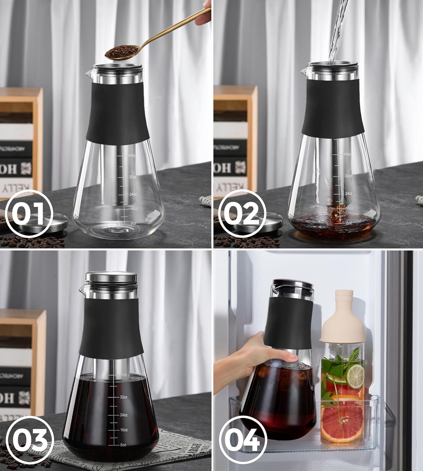 AGOGO Cold Brew Iced Coffee Makers with Metal Filters Silicone Non-slip Grip Carafe 1600ml