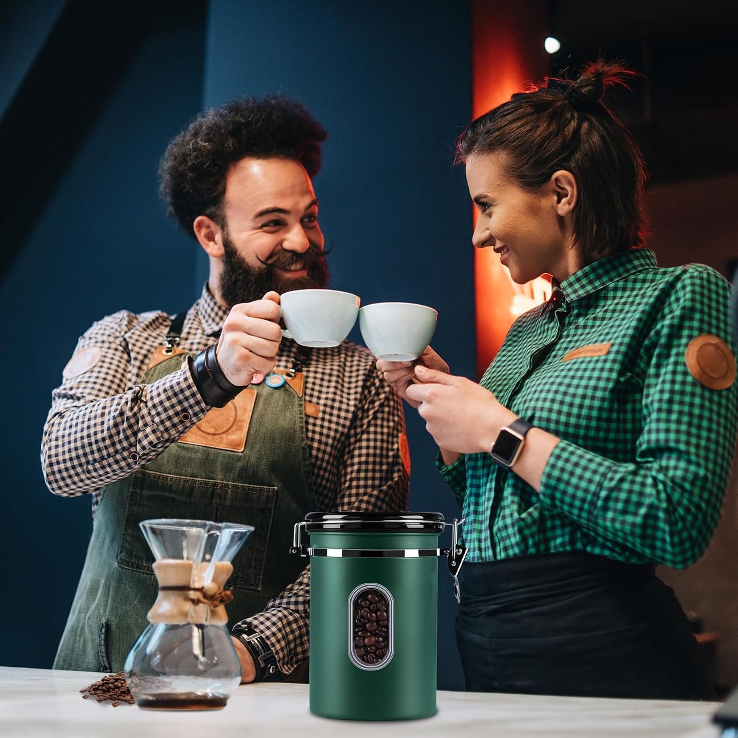 ROCKY&CHAO Airtight Coffee Canister with Date Tracker & Transparent Window, 22OZ Large Tea Coffee Canisters, Coffee Storage Canister, Coffee Container with 30ml Measure Spoon and 4 Co2 Valve(Green)