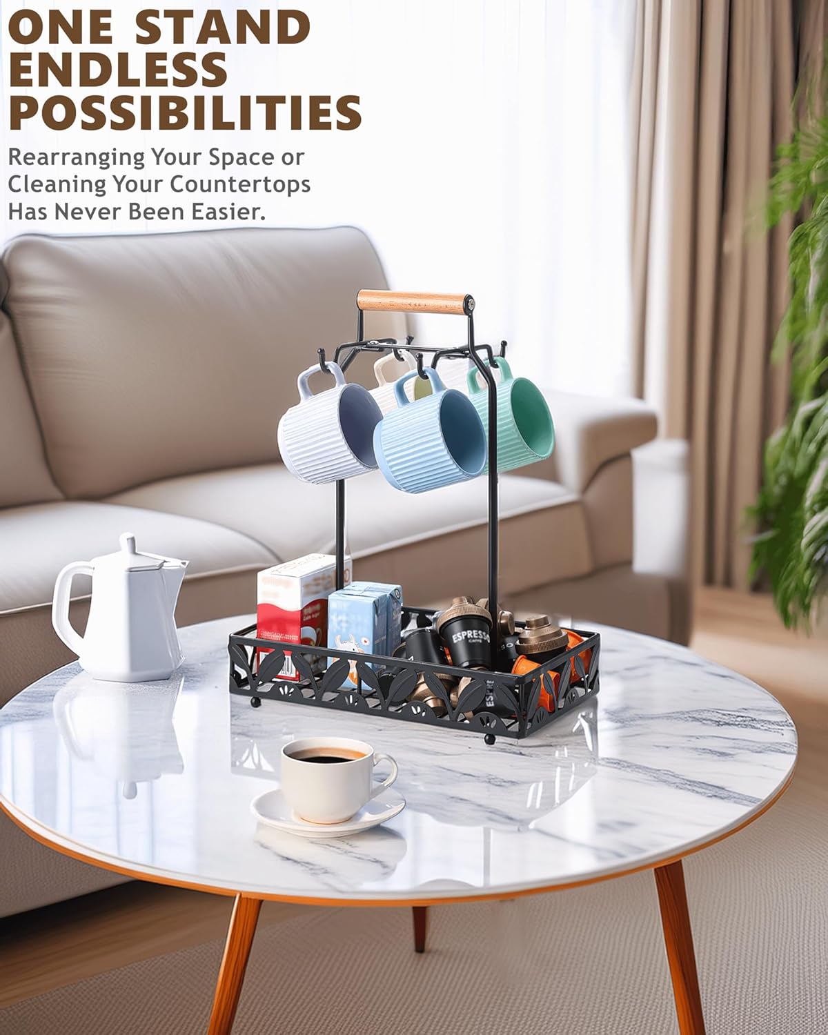 Coffee Mug Holder for Countertop, Mug Tree & Mug Rack with Storage Basket, 2-in-1 Organizer Holds 4 Large Mugs, Kitchen Cup Holder for Coffee Bar Accessories, Pods & Tea Bags, Black Metal with Handle