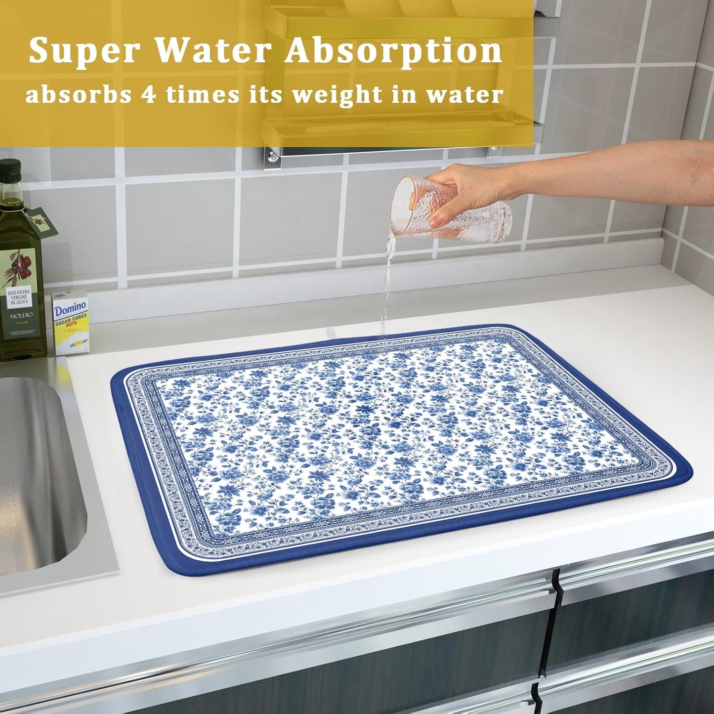 Blue Floral Branches Dish Drying Mat for Kitchen Counter Chinoiserie Pattern Dish Drying Pad 16”x18”Absorbent Vintage Flowers Decor Dishes Drainer Pad Dish Dry Rack Mat for Counter Coffee Bar