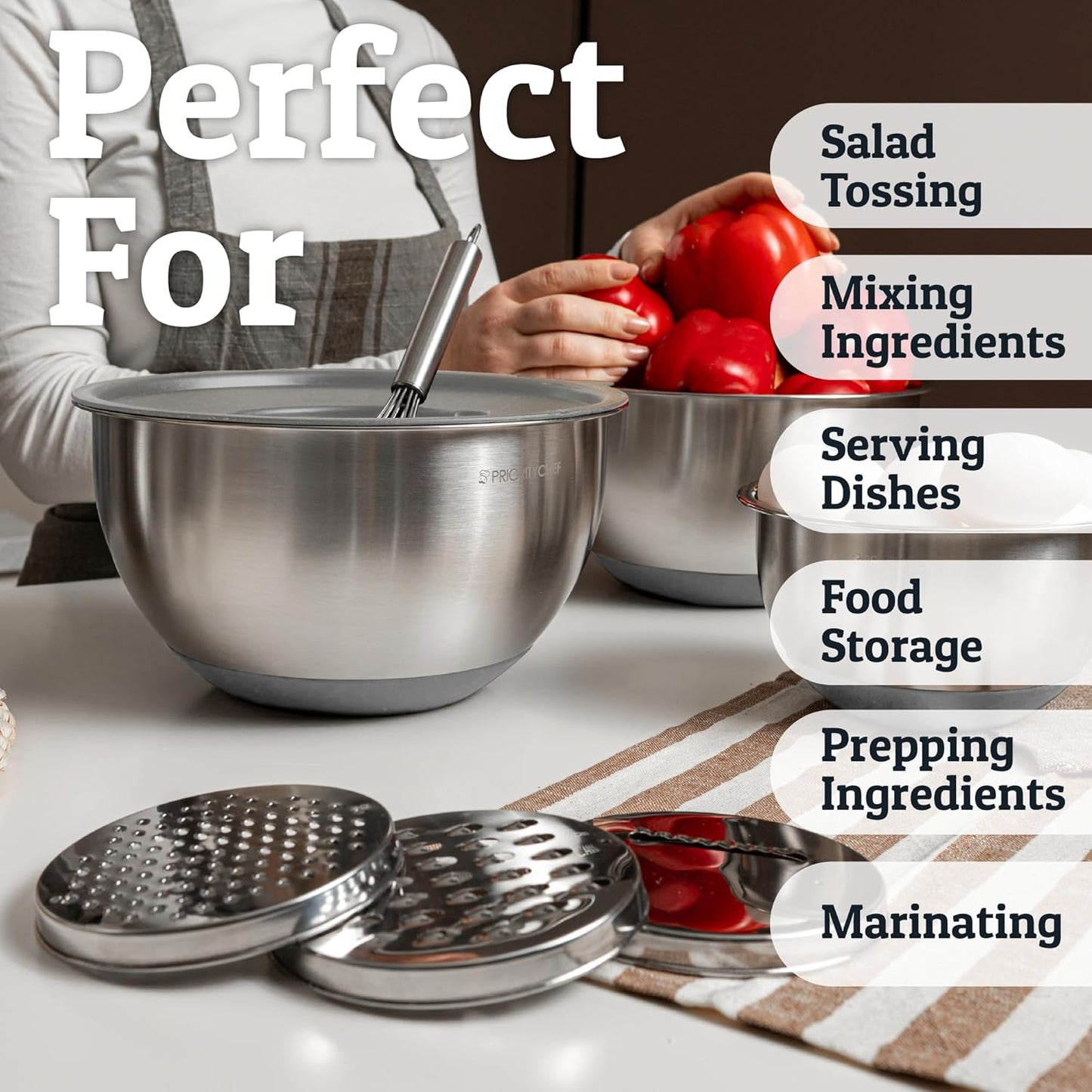 Priority Chef Stainless Steel Mixing Bowls with Lids Set, 3 Grater Attachments, Airtight Lids, Non-Slip Silicone Base Mixing Bowl Set, Large Prep Metal Mixing Bowls for Kitchen, Grey