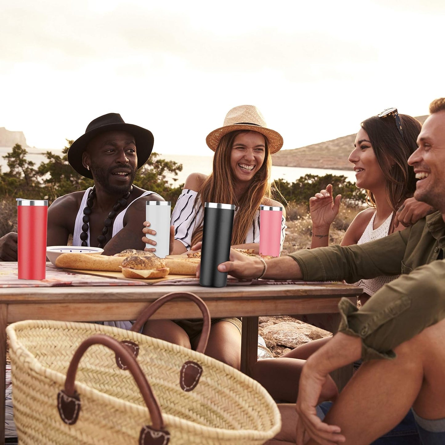 HASLE OUTFITTERS 20 oz Skinny Tumblers Bulk Set, Stainless Steel Insulated Slim Tumblers with Lids, Reusable Double Wall Travel Coffee Mugs, Durable Powder Coated Travel Water Cups(Red, 8)