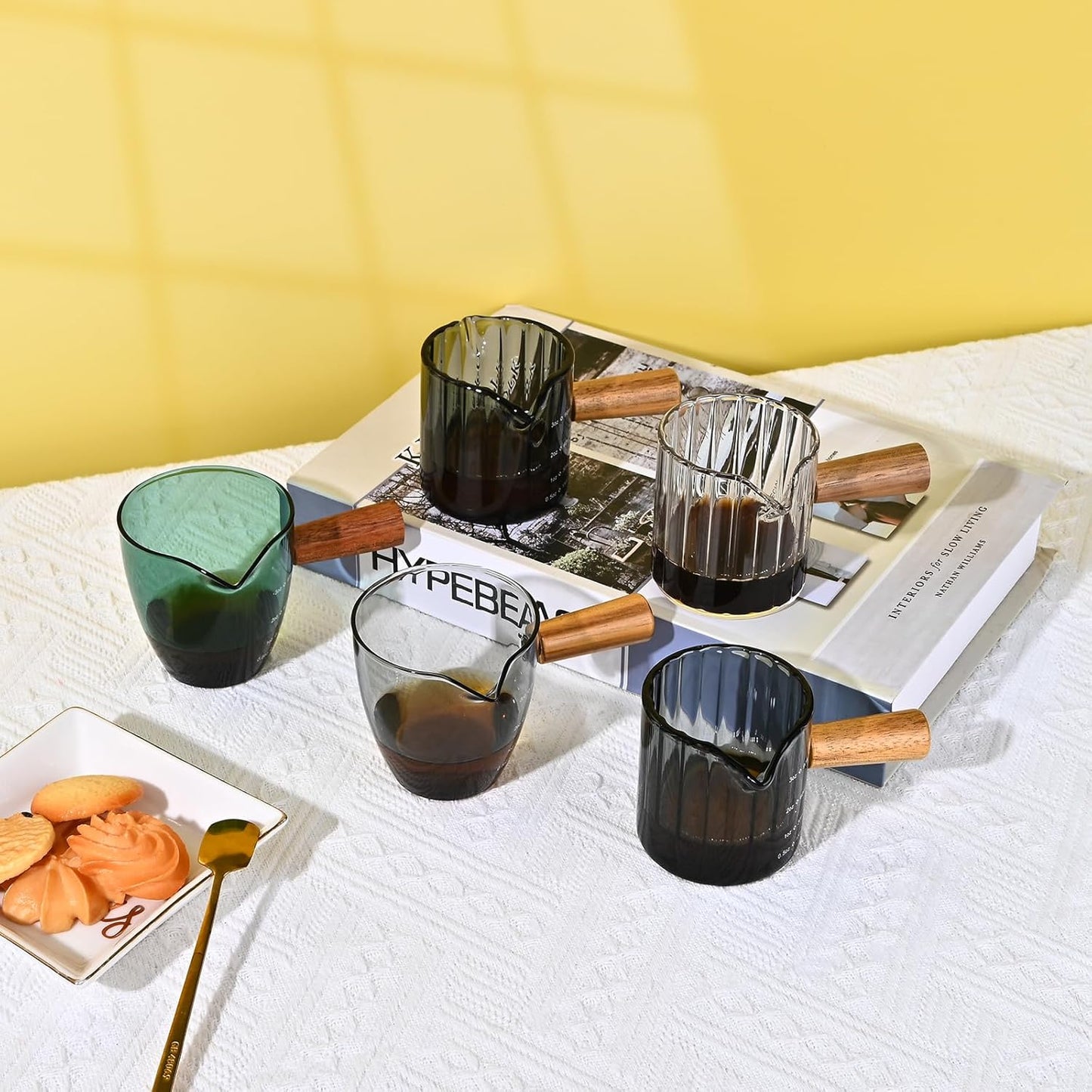 Glass Measuring Cup, 3oz Espresso Shot Glass with Wood Handle, Single Spout Clear Measuring Cups Pitcher Milk Cup Coffee Shot Glasses (Transparent Ribbed)