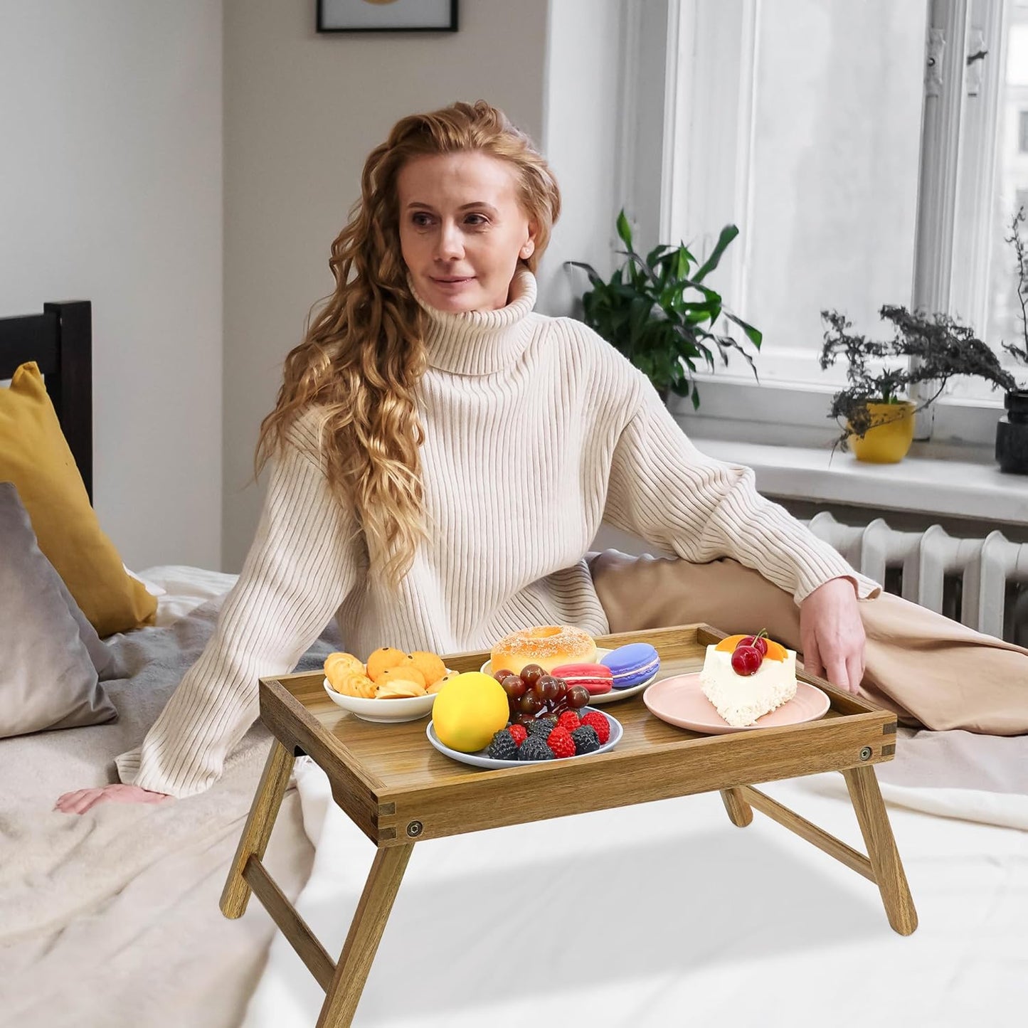 VaeFae Acacia Bed Table Tray, Wooden Breakfast Tray with Folding Legs, Bed Tray for Eating and Laptop, Eating Trays for Bedroom, (2 Pack)