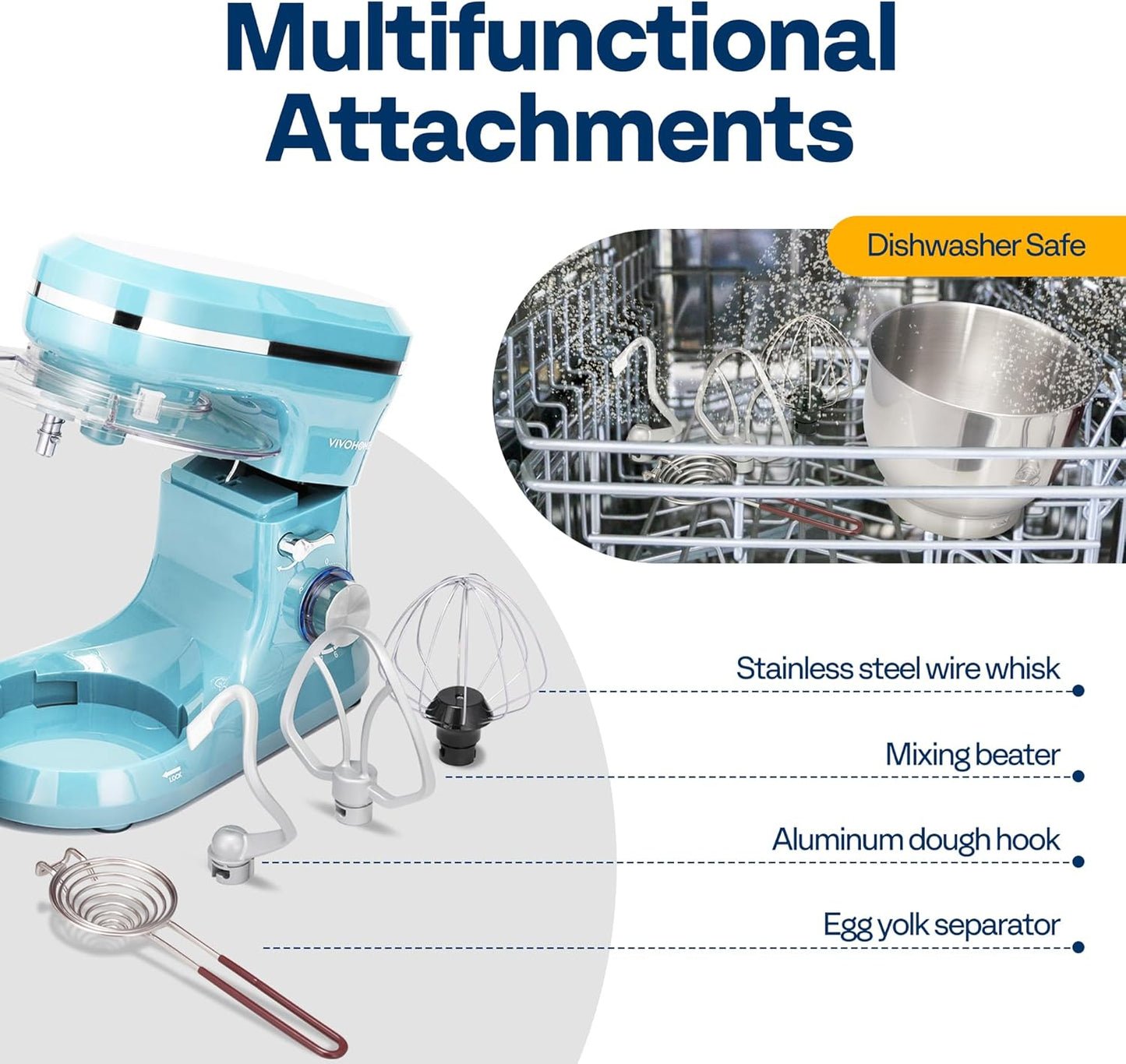 VIVOHOME 4.75 Quart Stand Mixer, 8 Speed Kitchen Electric Food Mixer, Household Stand Mixer for Baking, Cake, Bread with Beater, Dough Hook, Wire Whip and Egg Separator, Blue