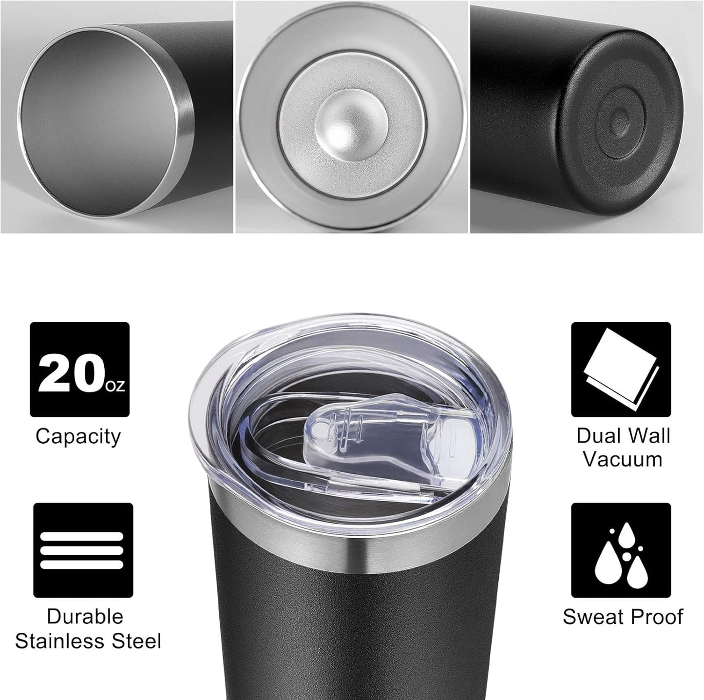 VEGOND Stainless Steel Skinny Tumbler, 20 oz Vacuum Insulated Tumbler with Lid and Straw, Double Wall Coffee Cup, Travel Mug for Cold Hot Drinks, Black 1 Pack