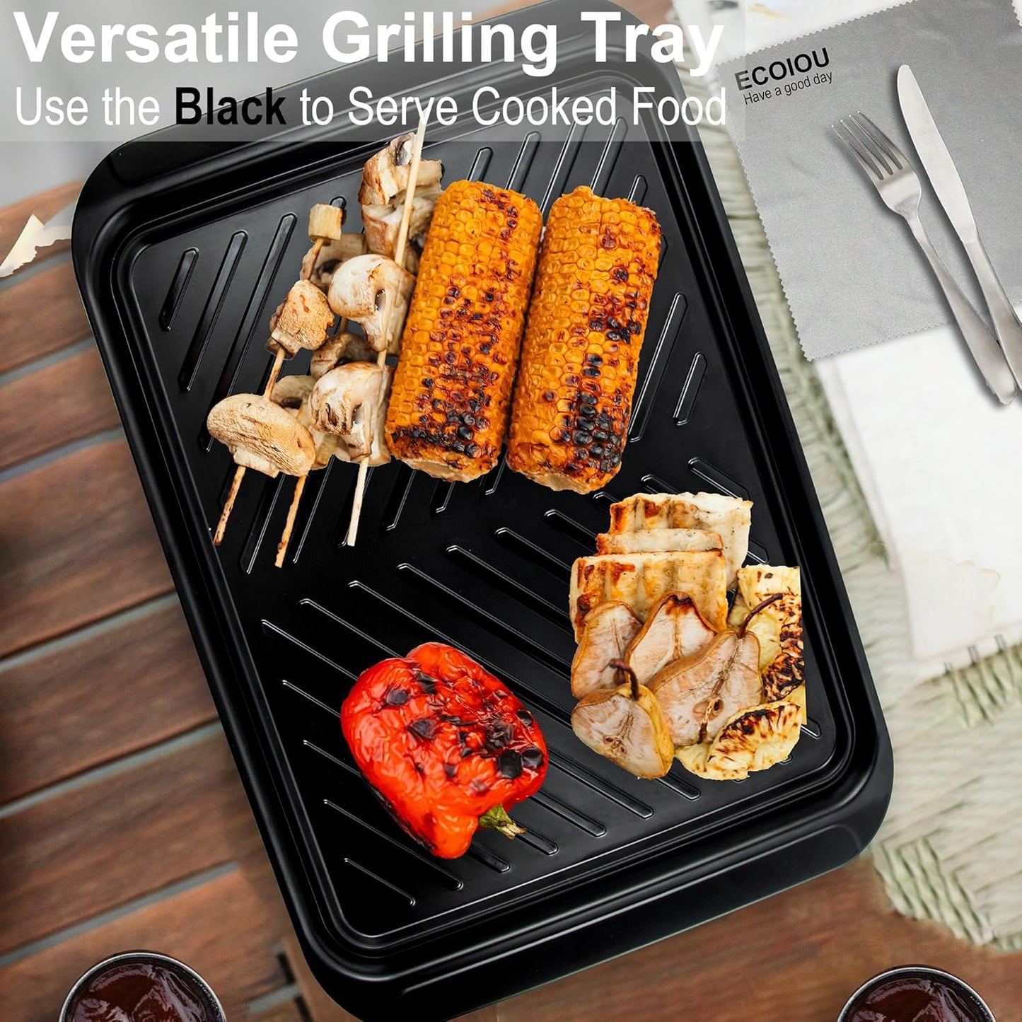 Grilling Prep and Serving Tray with Lid, BBQ Deep Tray for Marinating Raw and Cooked Food, Melamine Serving Trays for Food, Black and Red