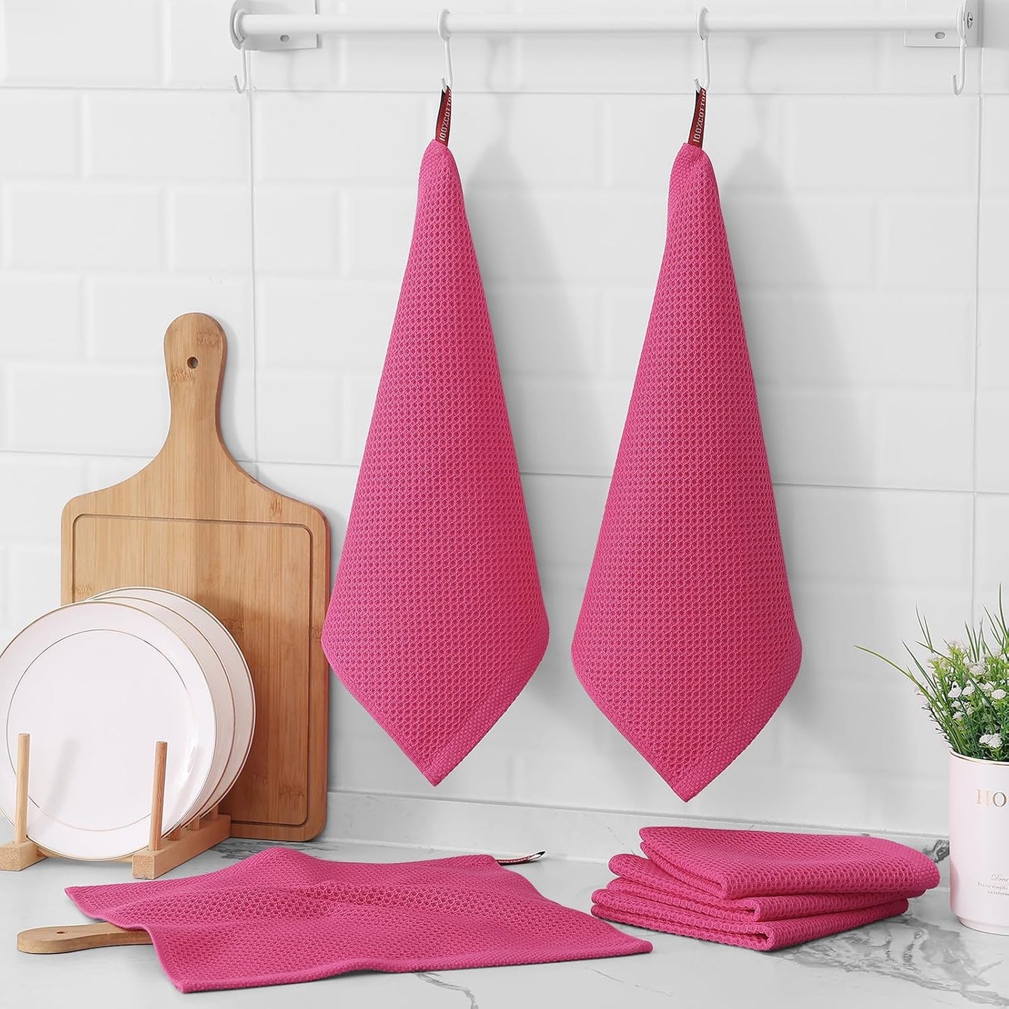 Kitinjoy 100% Cotton Kitchen Dish Cloths, 12 Pack Waffle Weave Ultra Soft Absorbent Dish Towels for Drying Dishes Quick Drying Kitchen Towels Dish Rags, 12 X 12 Inches, Hot Pink