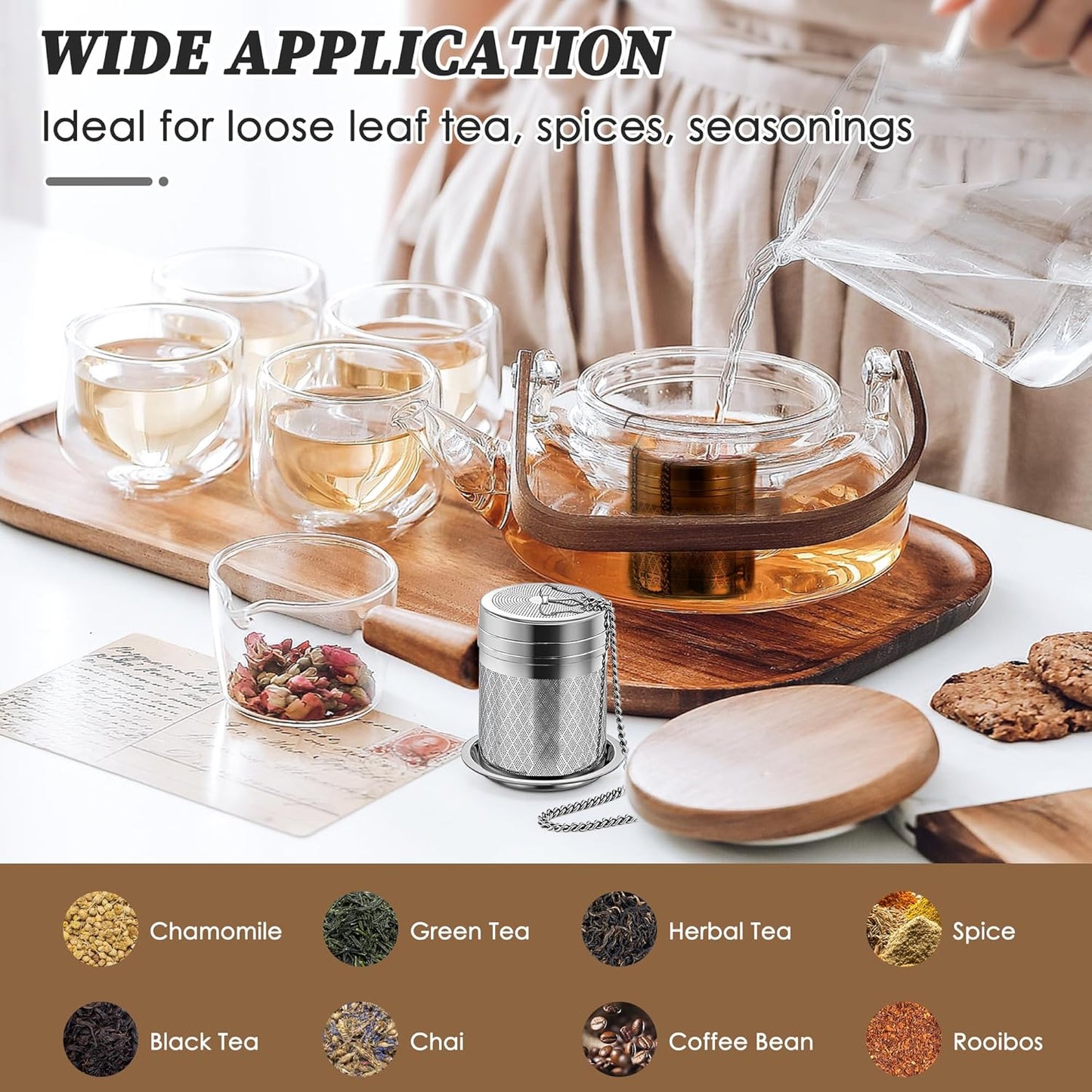 Tea Infusers for Loose Tea, Extra Fine Mesh Tea Strainers, 18/8 Stainless Steel Loose Leaf Tea Steeper Tea Diffusers with Extended Chain Hook and Drip Tray 1 Pack