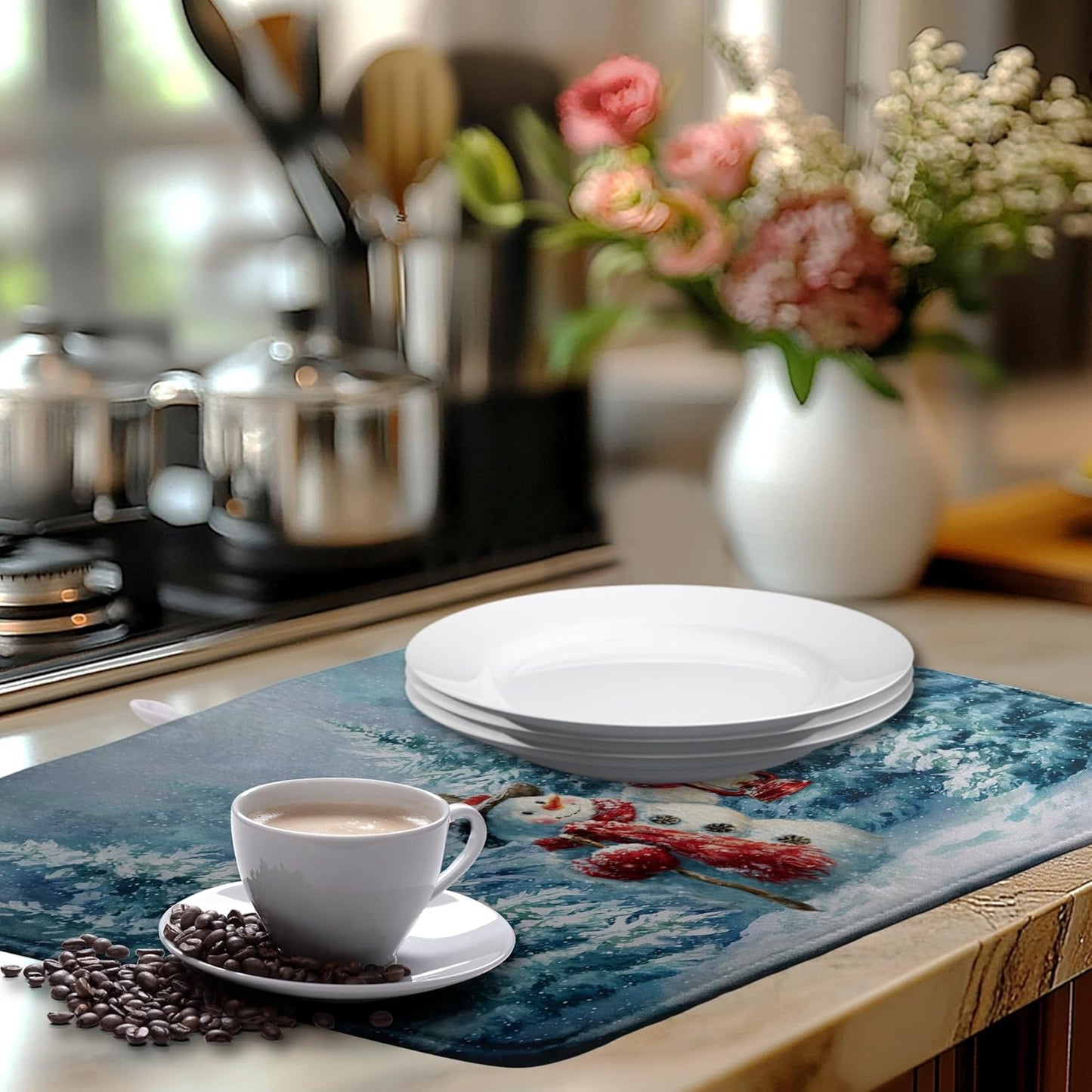 Winter Blue Snowman Dish Drying Mat Christmas Pine Tree Large Kitchen Mats Dish Drying Pad Xmas Absorbent Dish Dryer Mat for Kitchen Countertops Microfiber Drainer Pad Dish Drying Mats (18x24 in)