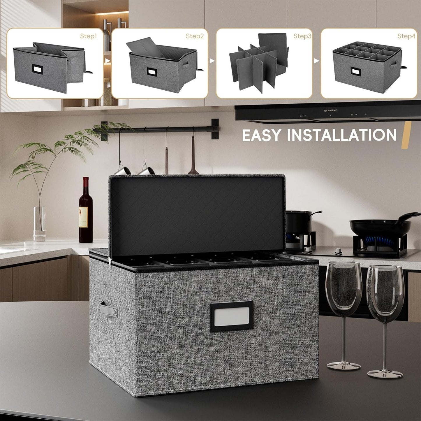 homyfort Wine Glass Storage Box, China Storage Containers with Dividers, Stemware Storage Case Holds 24 Wine Glass or long stem Crystal Glassware with Handles, Hard Shell and Stackable