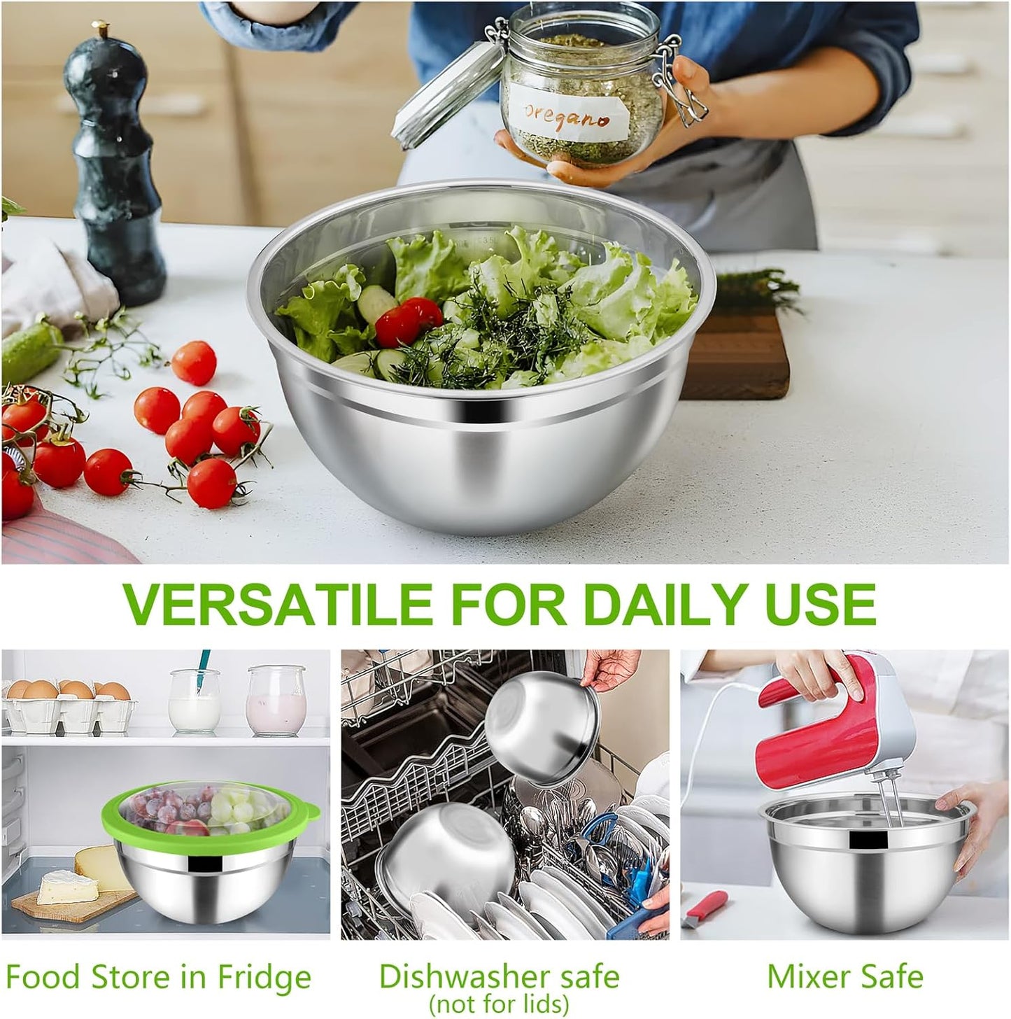 TeamFar Mixing Bowls, 4.5/3/1.5 QT Stainless Steel Nesting Salad Bowls with Airtight Lids, For Serving/Mixing/Storing/Prepping, Non-Toxic & Sturdy, Visible & Easy Clean, Multi-Color, Set of 3