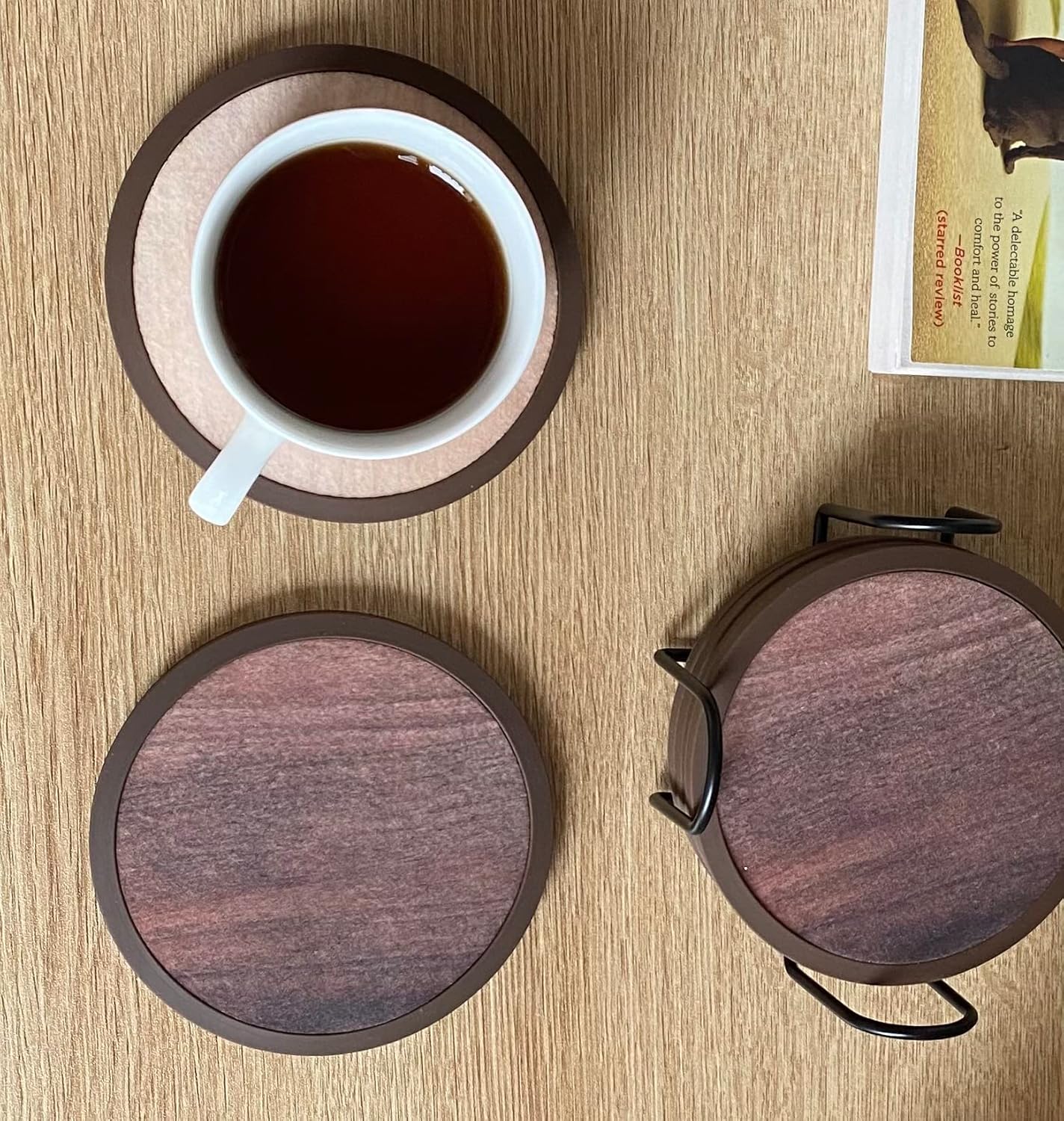 Absorbent Coasters for Drinks with Holder - 6packs, Silicone Coaster with Soft Felt Insert (4.3 inch Coasters with 4.5 inch Holder, Wooden Style)