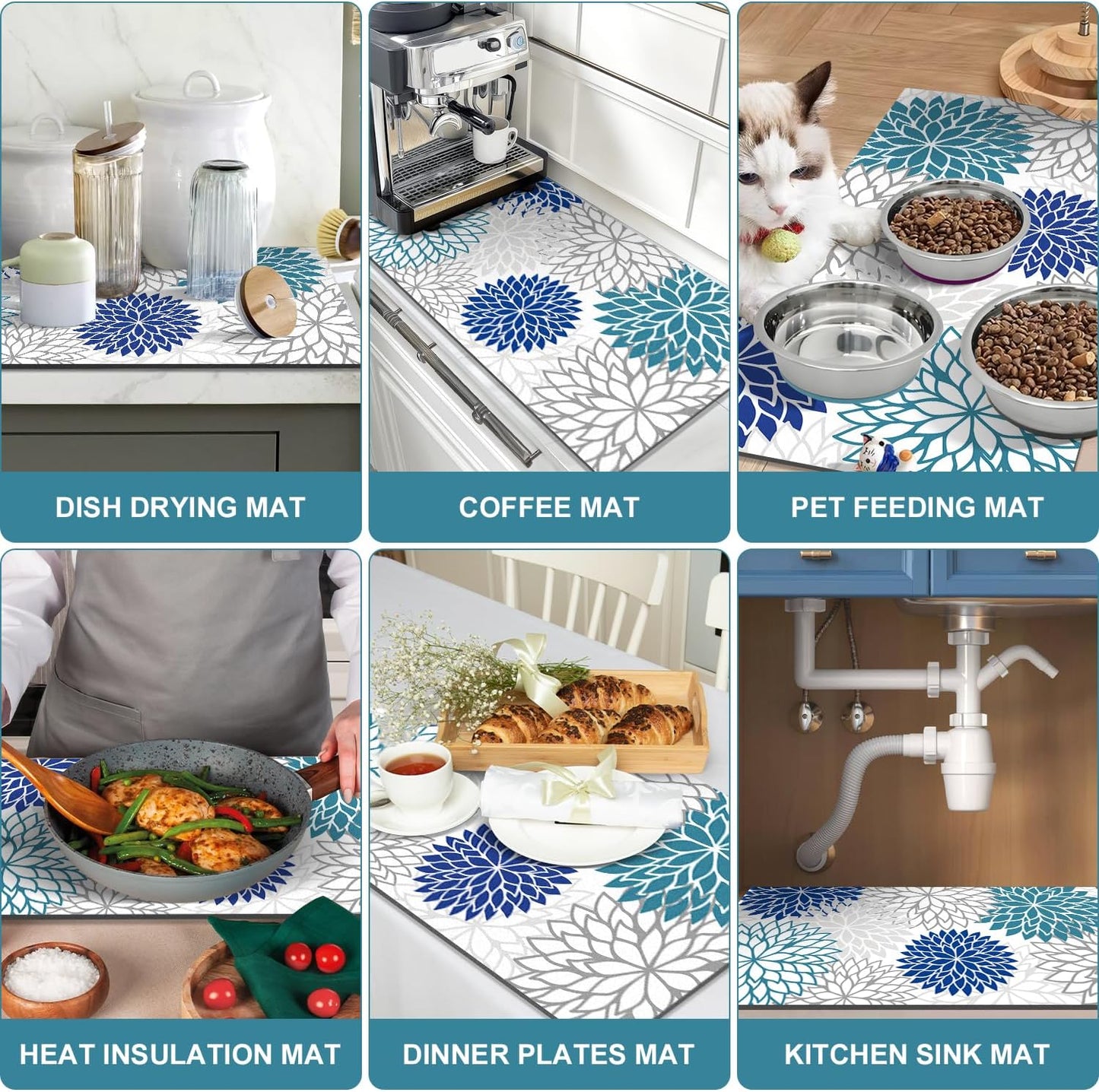 Findosom 2PCS 16" x 24" Dish Drying Mat & 24" x 5.5" Sink Splash Guard, Super Absorbent & Cuttable Dish Mat Drying Kitchen Mat with Blue Floral, Hide Stain Drying Mat for Kitchen Counter