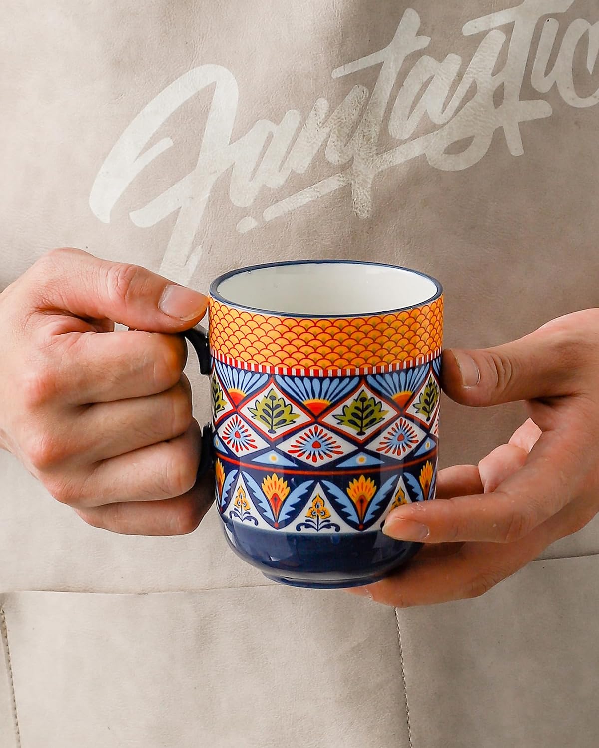 HENXFEN LEAD Coffee Mugs Set 14 Ounce - Multicolor Porcelain Cups for Latte, Hot Tea, Cappuccino, Cocoa, Soup, Dishwasher, Microwave Safe, Christmas Gift Set of 6 - Bohemian Style