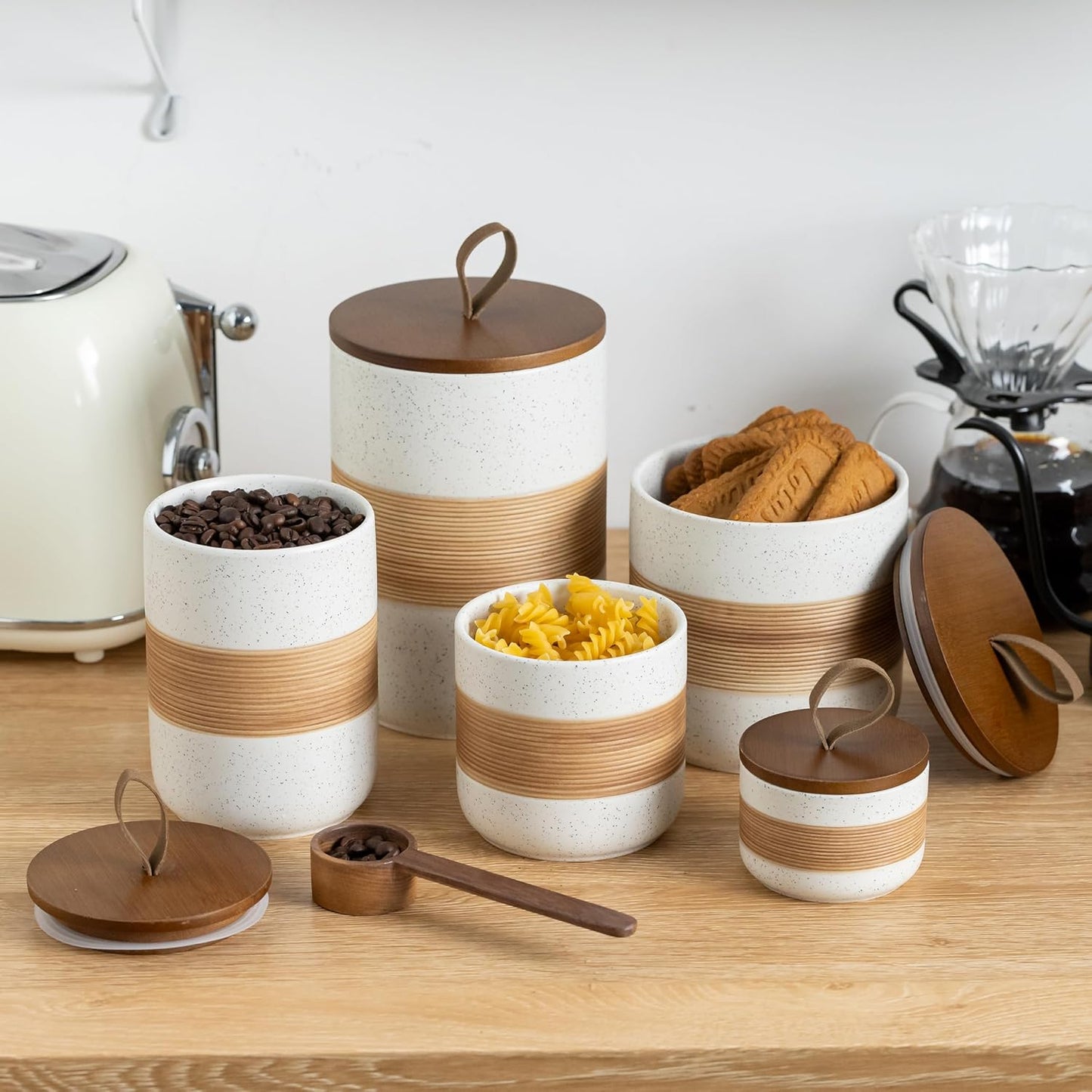 Small Ceramic Jar with Lid, Coffee Container Canister Kitchen Food Storage Jars for Spice Sugar Tea Bag, Stackable Decorative Jars for Countertop, White & 5oz