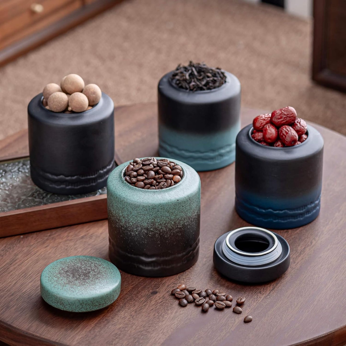 Tea Canister for Loose Tea with Airtight Lid, Kitchen Storage Containers, Ceramic Food Storage Jar, Ceramic Coffee Canister (Green)