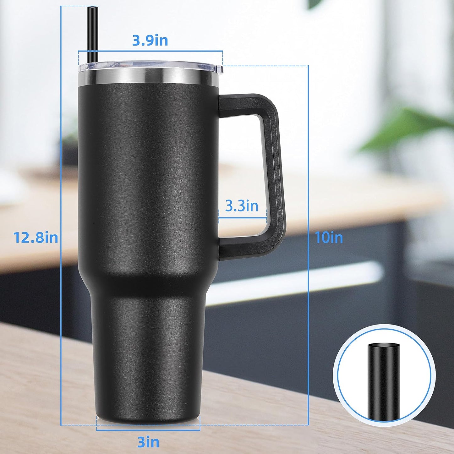 DOMICARE 40 oz Tumbler with Handle and Straw, Stainless Steel Tumbler with Lid and Straw, Reusable Vacuum Insulated Cup, Travel Coffee Mug, Black, 4Pack