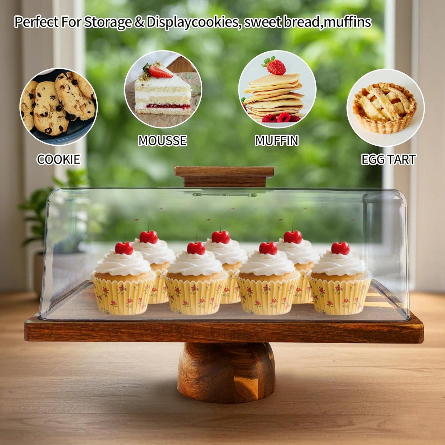 Wood-Rectangular-Cake-Stand with Acrylic Dome Lid, Wooden Cake Holder Plate with Cover, 2-in-1 Dessert Table Display Set for Party, Charcuterie Board for Cheese, Chips & Dips, Nachos, Fruit Platter
