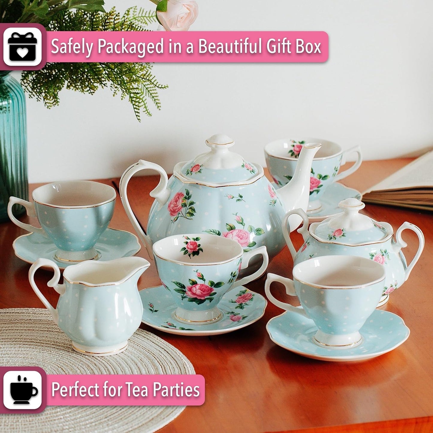 BTaT- Floral Tea Sets for Adults, 13 pcs, Service for 4, Pot (38 oz) & Cups (8 oz) with Saucers, Pastel Blue Floral Design, Porcelain Tea Set for Adult, Dishwasher Safe