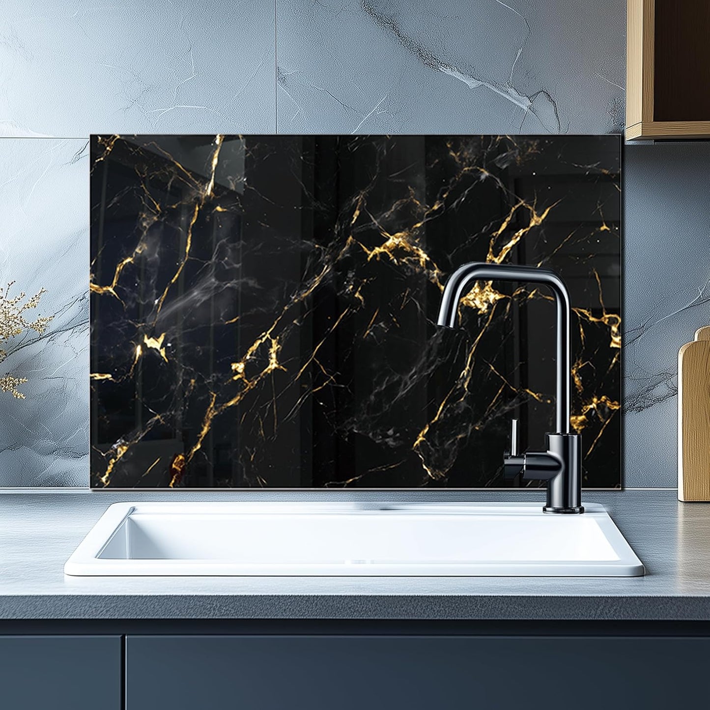 DAIFURONGE Tempered Glass Backsplash For Kitchen Behind Stove,Black Marbling Stove Backsplash Top Cover,Easy to Clean Glass Splashback, Sink Cover Splash Guard,Home Kitchen Wall Decor (30"x18"(76.2x45.72cm))