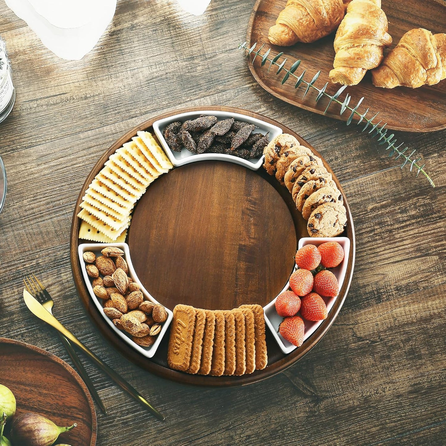 Shanik Lazy Susan Table Top Cheeseboard- Acacia Wood Rotating Serving Platter for Cheese, Charcuterie, and Appetizers, Elegant Serving Tray for Snacks, Entertaining, Parties and Family Gatherings