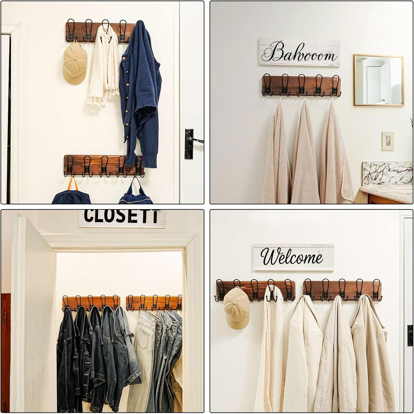 Dseap Coat Rack Wall Mounted - Heavy Duty Farmhouse Rustic Wall Coat Hanger with 5 Wire Hooks for Clothes Hat Jacket Towel, RusticWire, J1-5A, Weathered Brown & Black, Pack of 2