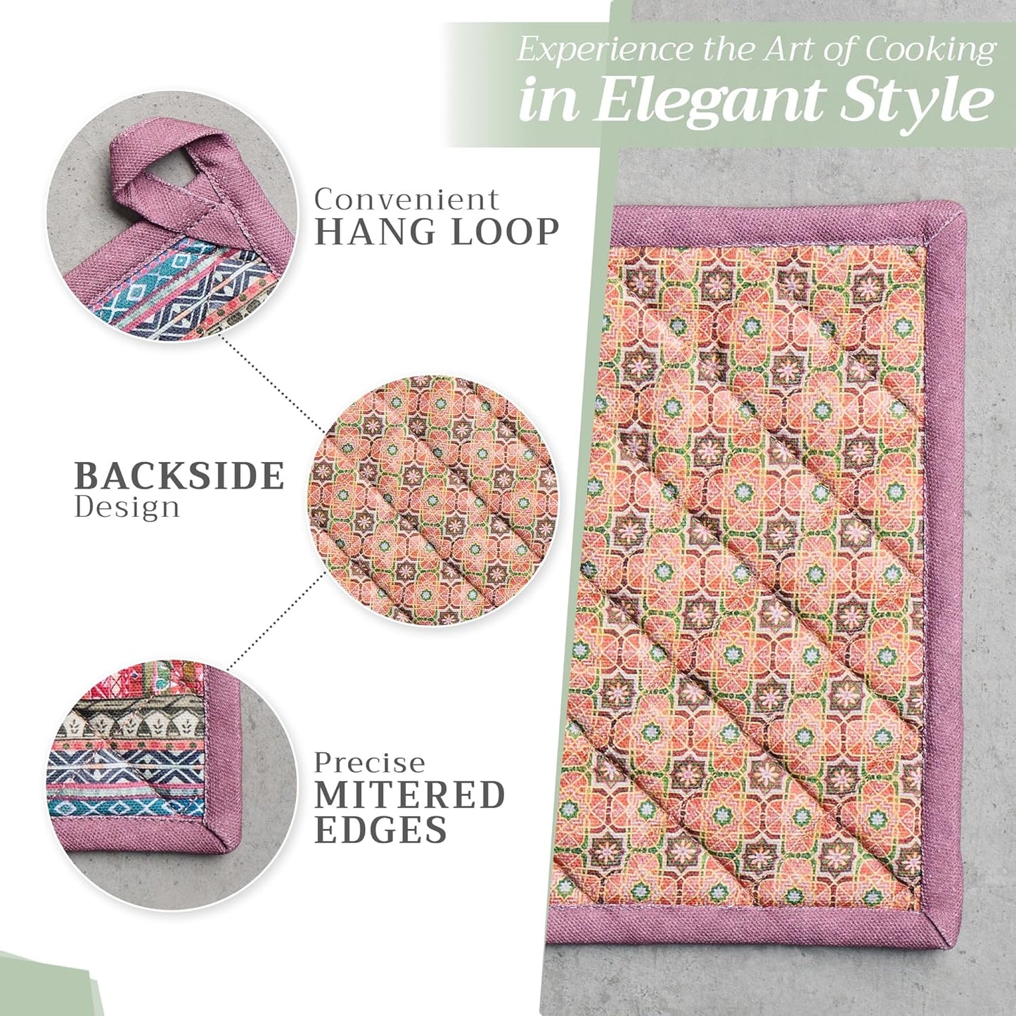 Maison d' Hermine 100% Cotton Oven Mitt & Pot Holder Set (7.5"x13" & 8"x8") Heat Resistant BBQ Cooking Gloves with Loop, Baking, Grilling, Kitchen, Handling Hot Pans (Ispahan)