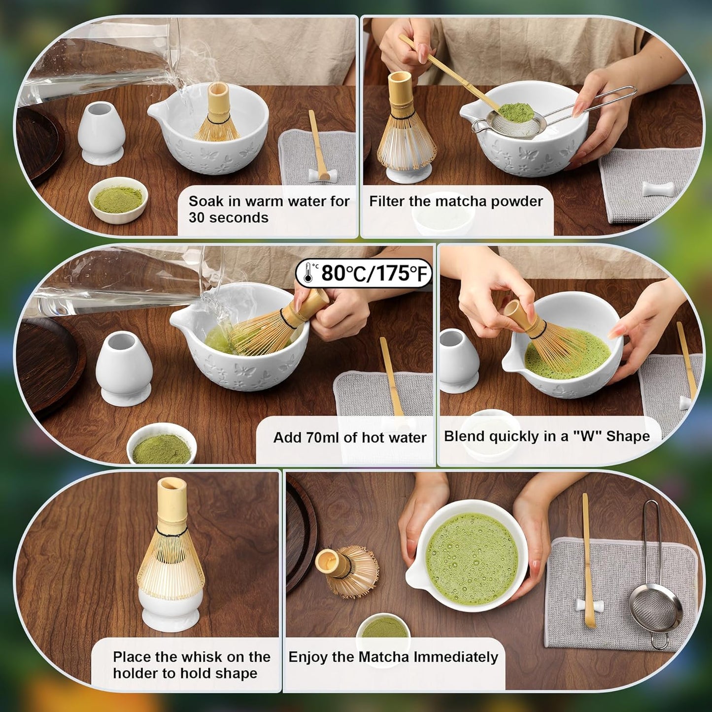 7 PCS Matcha Set Ceramic Matcha Making Kit, Bamboo Whisk, Bowl With Spout, Powder Starter Sifter, Ceramic Whisk Holder, Tea Towel, Scoop and Scoop Rest Matcha Whisk Set for Matcha Lover White